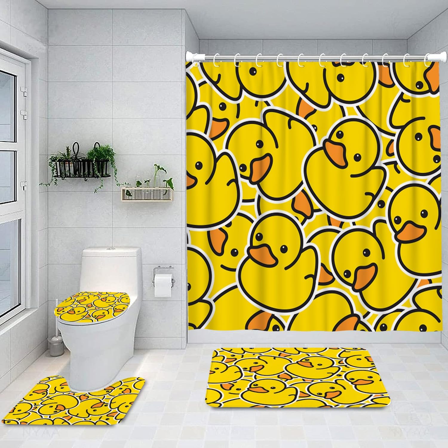Ansouyi 4Pcs Bathroom Shower Curtain Sets with Non-Slip Rugs, Toilet Lid Cover and Bath Mat, Yellow Cartoon Duck Durable Waterproof Shower Curtain for Bathroom Set, 72x72 Inch