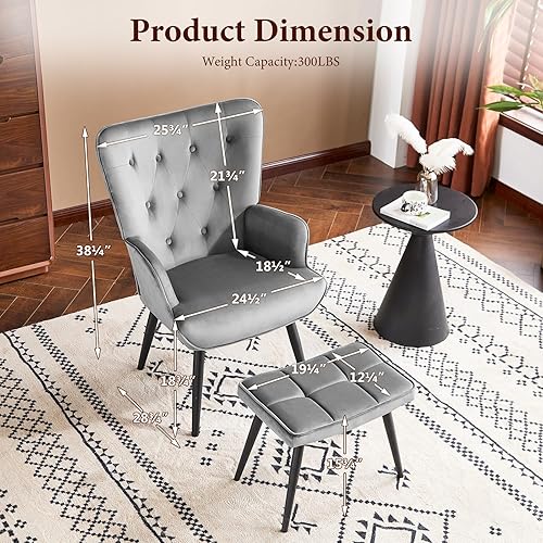 Miniatura 10 de Furniliving Silla decorativa de terciopelo, moderna silla lateral tapizada con patas cónicas, botón copetudo, respaldo alto, silla de lectura para