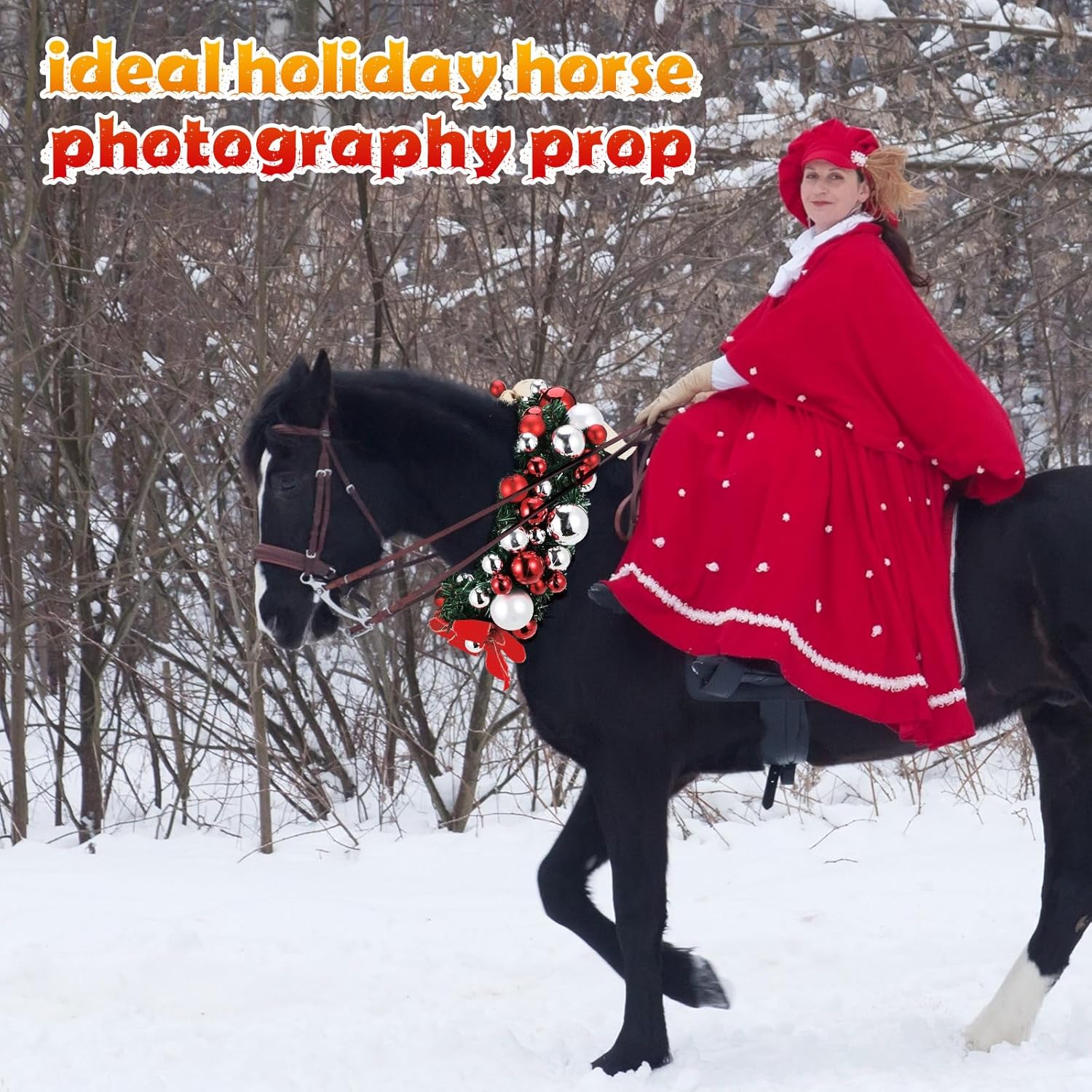 Dingion Christmas Wreath Horse Christmas Horses Neck Garland 16.9 Inches Artificial Outdoor Garland Horse Costume Rustic Farmhouse Decor for Xmas Holiday Party Parades Supplies(Xmas Bow Style)