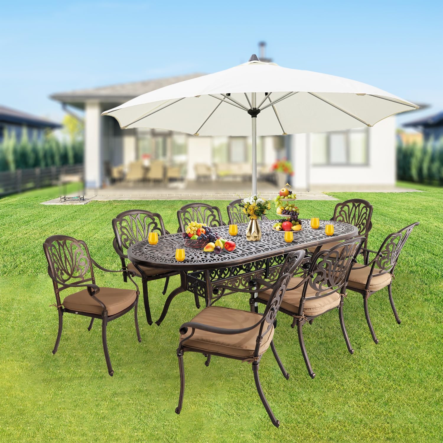 Patio Dining Set,9 Piece Outdoor Furniture Set, 8 Person Outside Dining Table and Chairs Set,Metal Stacked Chairs of 8,Oval Table with 1.96" Umbrella Hole