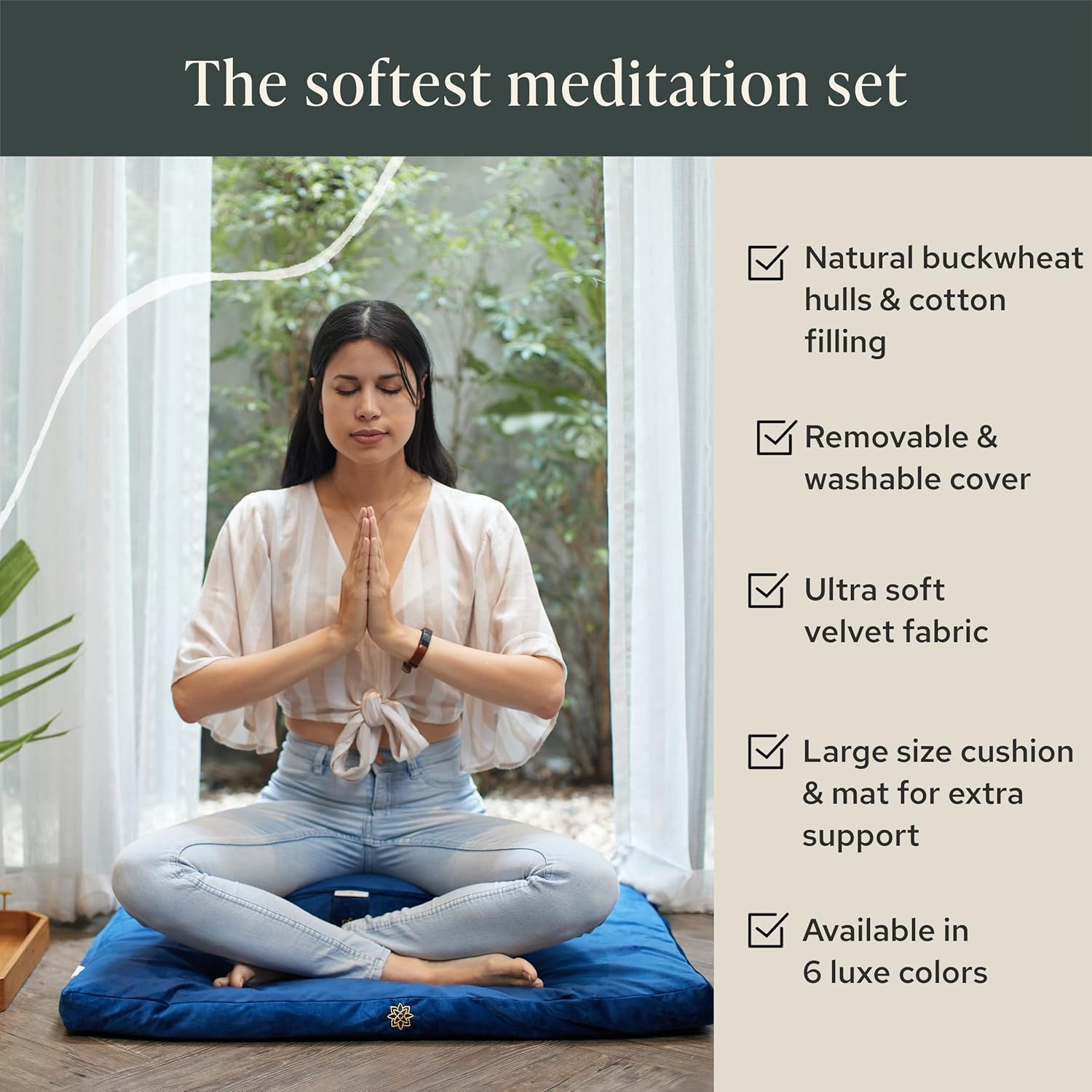 Mindful & Modern Meditation Cushion and Zabuton Meditation Mat Bundle - Premium Luxury Velvet Meditation Cushion Set for Yoga - Buckwheat Zafu Floor Pillow and Rectangular Mat - Royal Navy Color