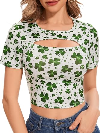Womens Sexy Outfits Hollow Out 4th of July Flag Crop Patriotic Short Sleeves Tee Shirts Top