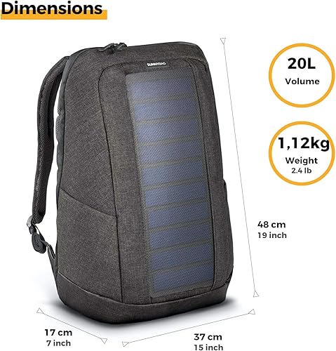 Miniatura 3 de Iconic  Mochila solar con panel solar integrado de 7 vatios  Puerto USB  Incluye compartimento para portátil de 17 pulgadas  20 litros  Textil