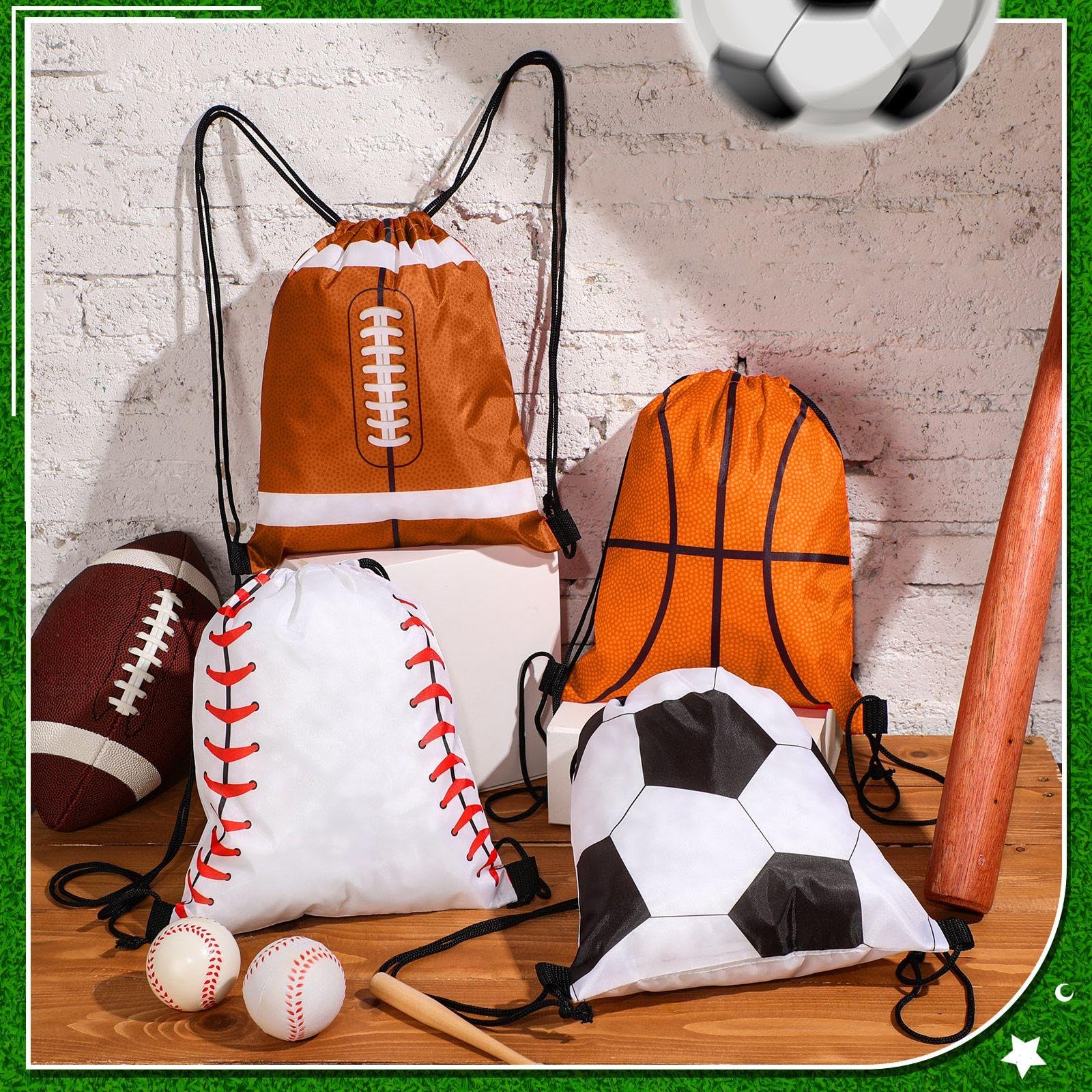 Censen Juego de 24 bolsas con cordón a granel de 12 x 10 pulgadas, impermeables, paquete de playa para niños, fútbol, béisbol, baloncesto, fútbol, regalo de fiesta (estilo deportivo)