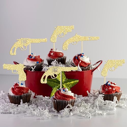 Miniatura 5 de Gyufise 24 piezas de decoración de magdalenas con purpurina dorada, pistola de tiro temático para cupcakes, baby shower, fiesta de cumpleaños,