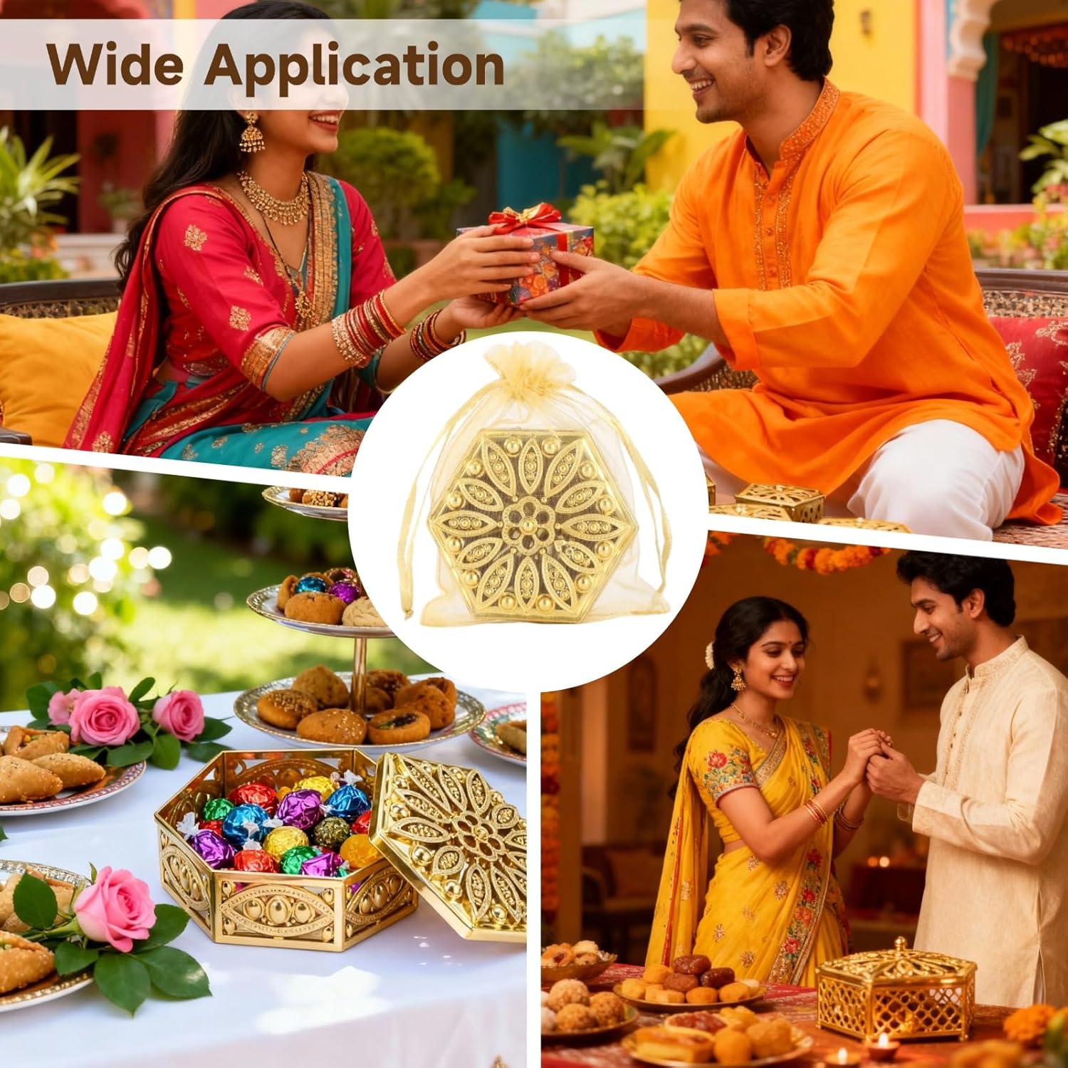 24 Sets Golden Candy Boxes with Organza Bags, Hollow Out Hexagon Treat Box, Tinplate Wedding Favor Box for Indian Return Gifts for Pooja, Diwali, Party Favors