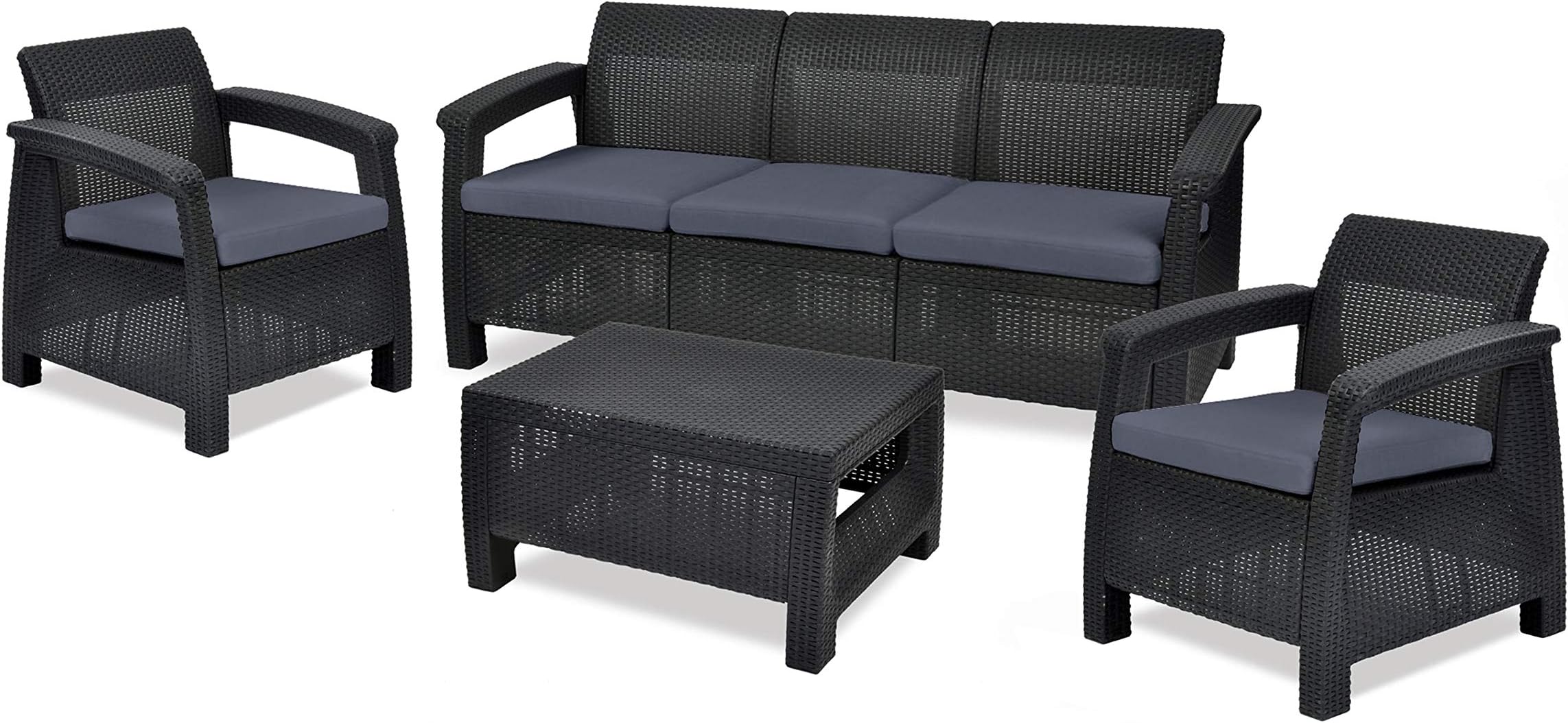Keter Corfu Outdoor Rattan Sofa Furniture Set with Accent Table, Graphite, 5 Seater Set