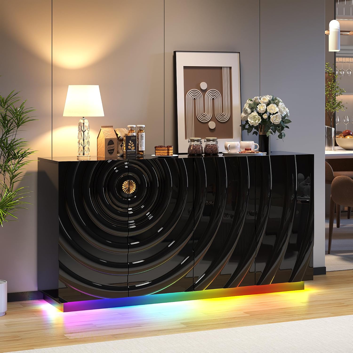 LVSOMT 63" High-Gloss Sideboard Buffet Cabinet with Storage, Large Coffee bar Cabinet with RGB Lights and Power Outlet, Modern Console with 4 Doors for Kitchen and Living Room, Black