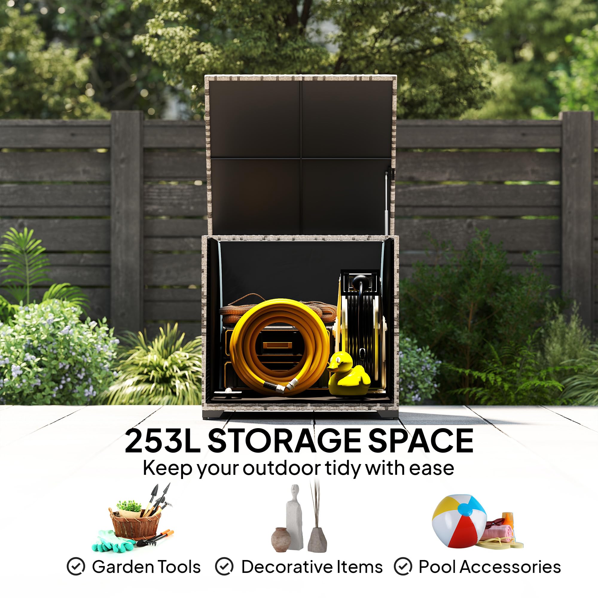 Outsunny 253L Garden Storage Box, Rattan Deck Box with Waterproof Zipped Liner, Safe Pneumatic Rod, Patio Rattan Storage Container for Backyard Gardening Tools, Mixed Grey - 4