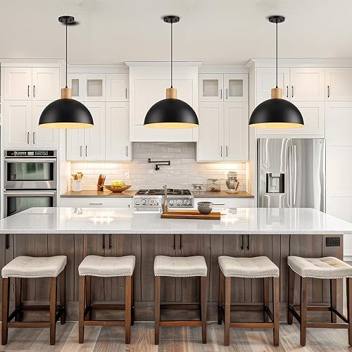 Miniatura 3 de Lámpara Colgante de Madera Maciza Negra, Luminarias de Lámparas Colgantes Modernas Negras Mate de 16 Pulgadas, Iluminación Colgante Ajustable Estilo