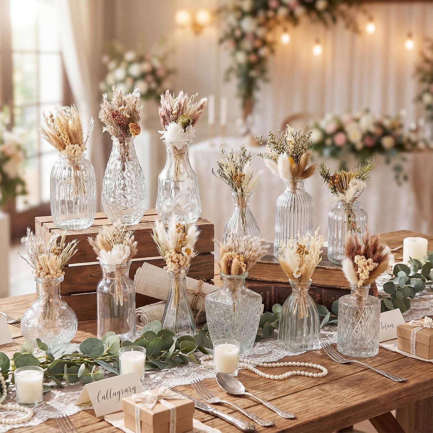 Havawish 24 Pcs Boho Dried Flower Bouquet with Glass Vase Set 12 Mini Handmade Dry Flowers 12 Mini Clear Embossed Bud Bottles for Kitchen Table Bookshelf Home Decor Wedding Birthday Farmhouse Decor