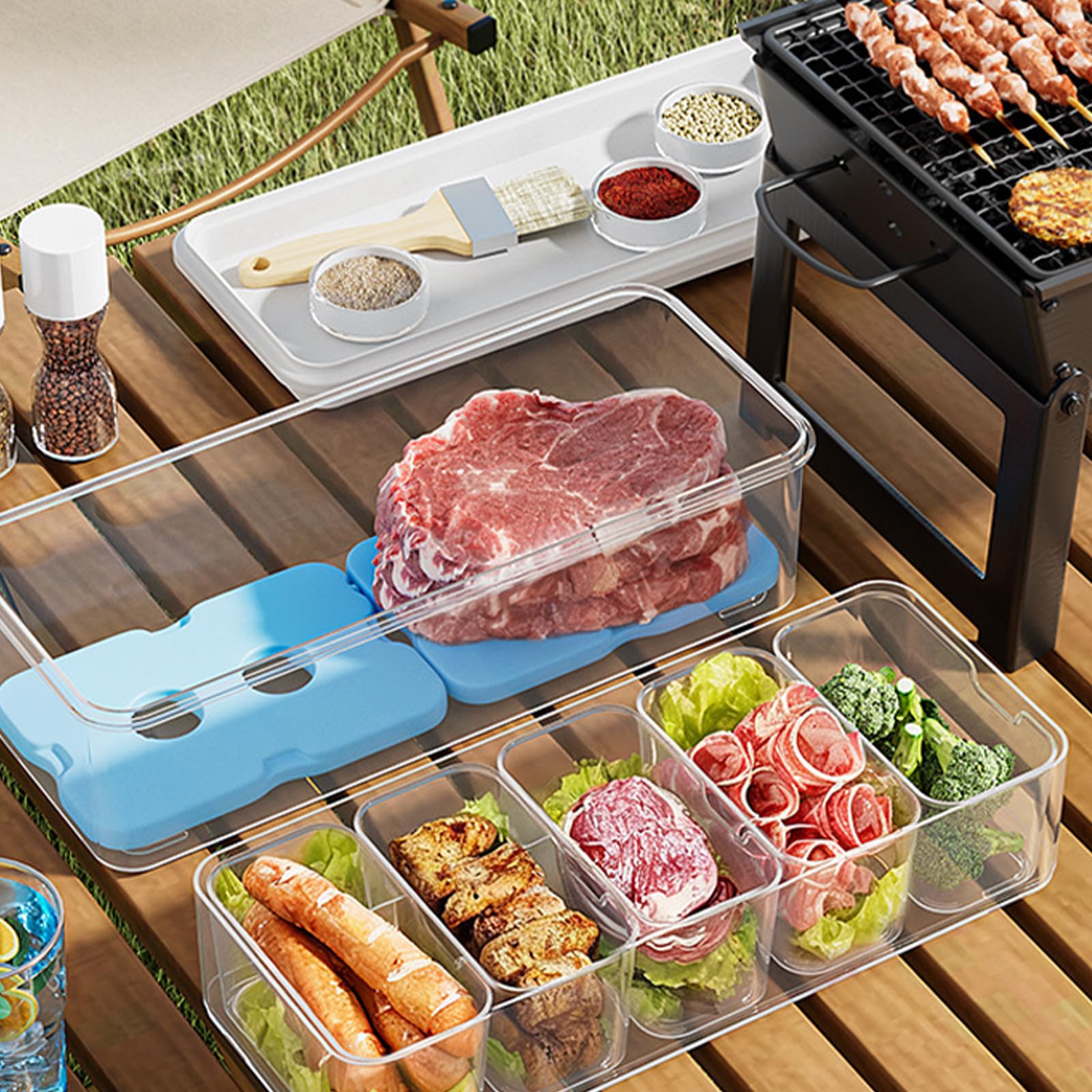 Juego de cajas de almacenamiento de alimentos para refrigerador del hogar con divisores transparentes, bolsa de transporte e insertos de enfriamiento para preparar almuerzo y clasificar la bolsa