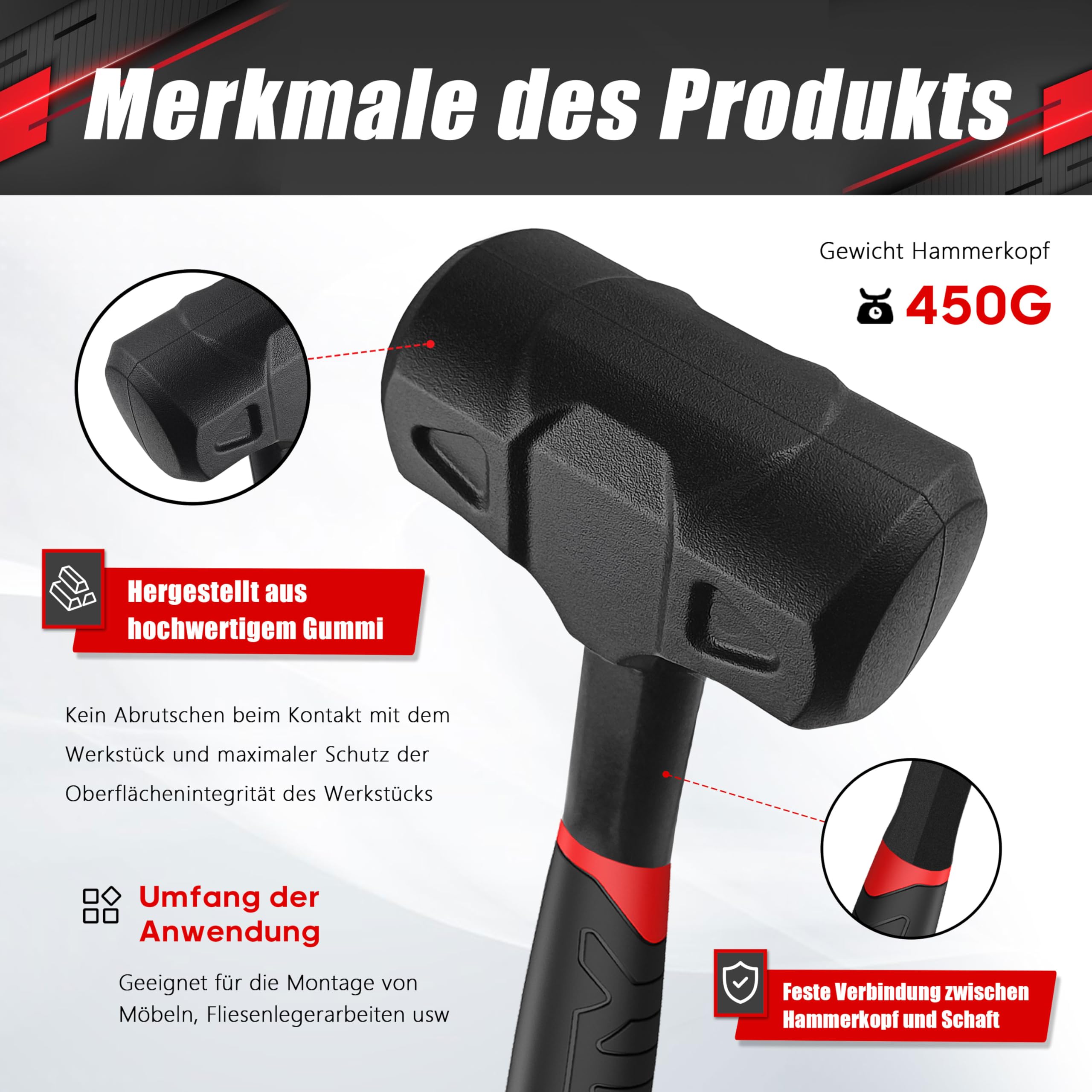 1LB Dead Blow Hammer,Totschlaghammer-Schwere einteilige Konstruktion aus geschmiedetem Kohlenstoffstahl,Pvc-Hammer mit Stahlkugel-gefülltem Kopf, Anti-Vibrations-Griff für Präzision und Kontrolle