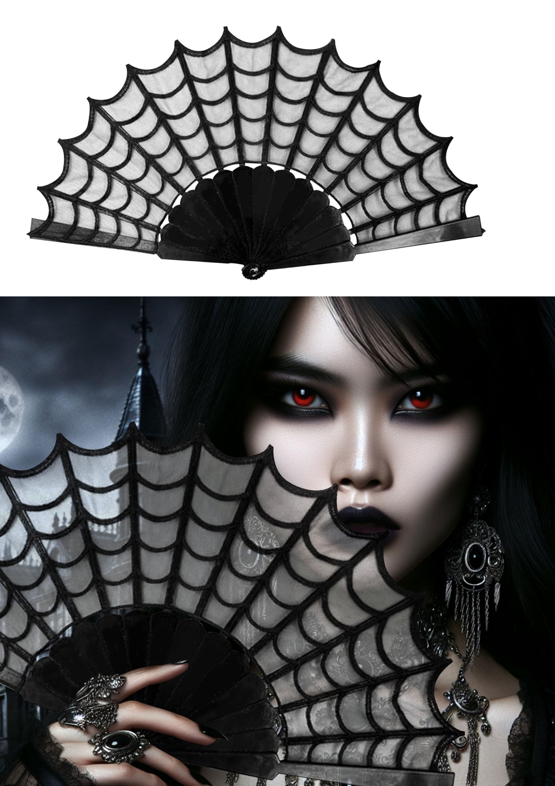 Black Gothic Spider Web Fan Halloween Vampire Witch Fancy Dress Accessory