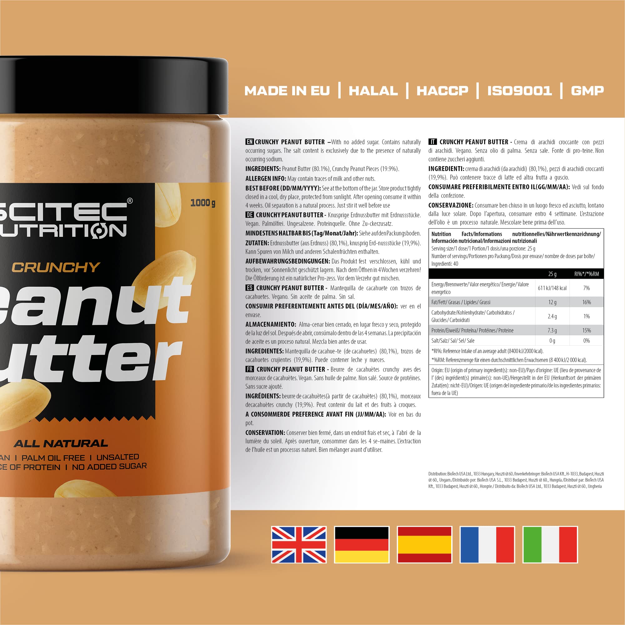 Scitec Nutrition Erdnussbutter - Palmölfrei - Vegan - Salzarm - Proteinquelle - Zuckerarm - Natürlicher Energieschub, 1 kg, Knackig (Packung mit 3)