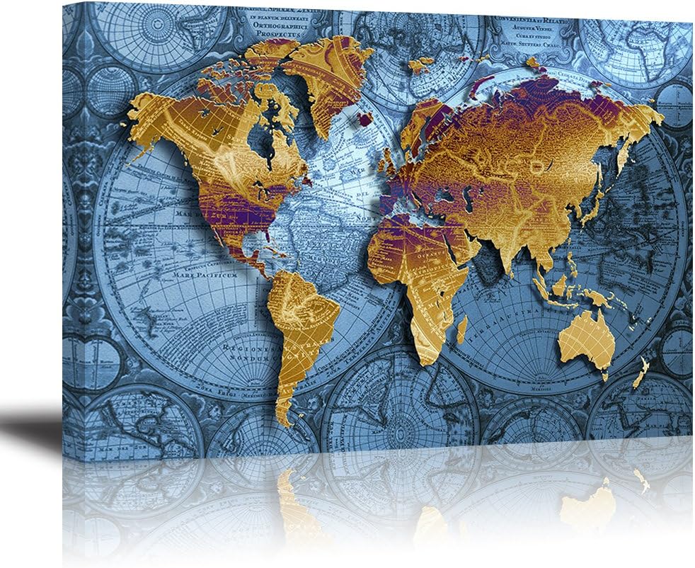 World Map Wall Art for Living Room, PIY Old Nautical Canvas Prints Decor, Retro Painting Home Decorations (Large, 1" Thick Frame, Waterproof Artwork, Bracket Mounted Ready to Hang)