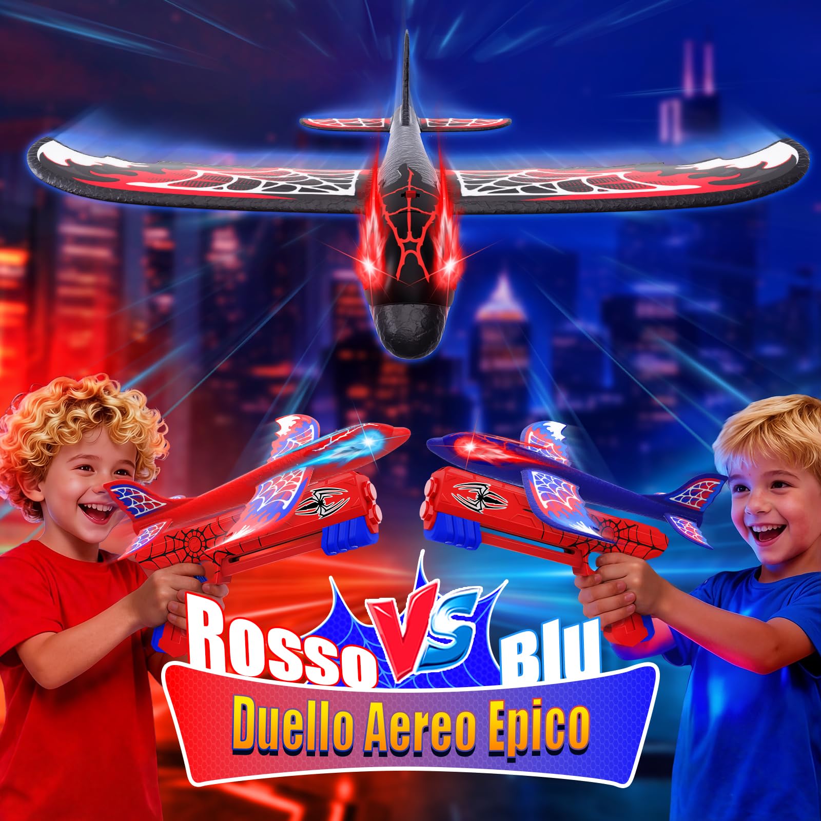 Aereo Giocattolo Lanciatore con 3 Aerei in Polistirolo, Occhi Luminosi e Ali Ragnatela Stile S-pider,Giocattolo da Esterno Bambini 3 4 5 6 7 8 9 Anni,Regalo Bambini 3-12 Anni Maschio Compleanno Natale