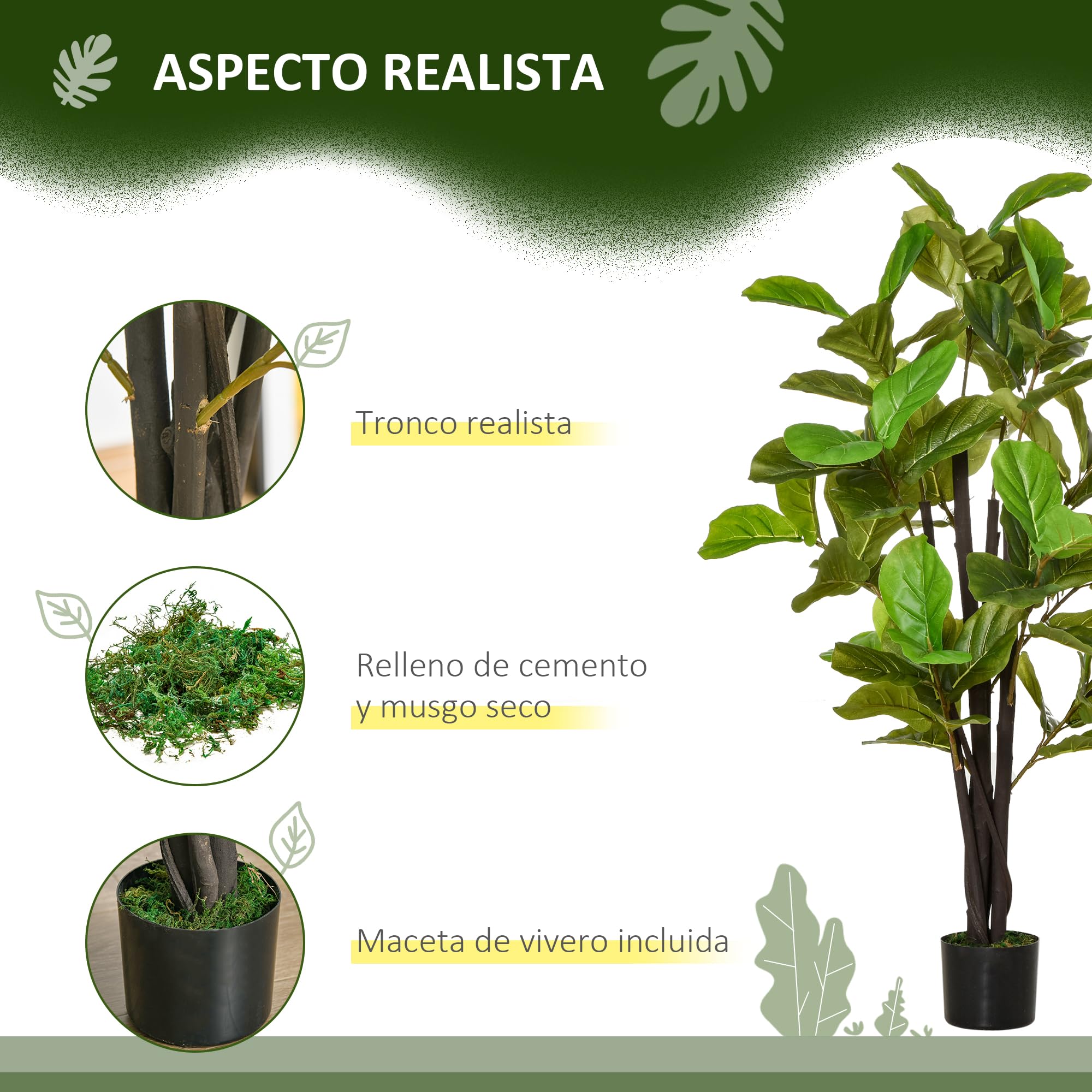 HOMCOM Ficus Artificial 130 cm Planta Artificial con Maceta Planta Artificial Decorativa para Interior y Exterior Hogar Salón Oficina Verde