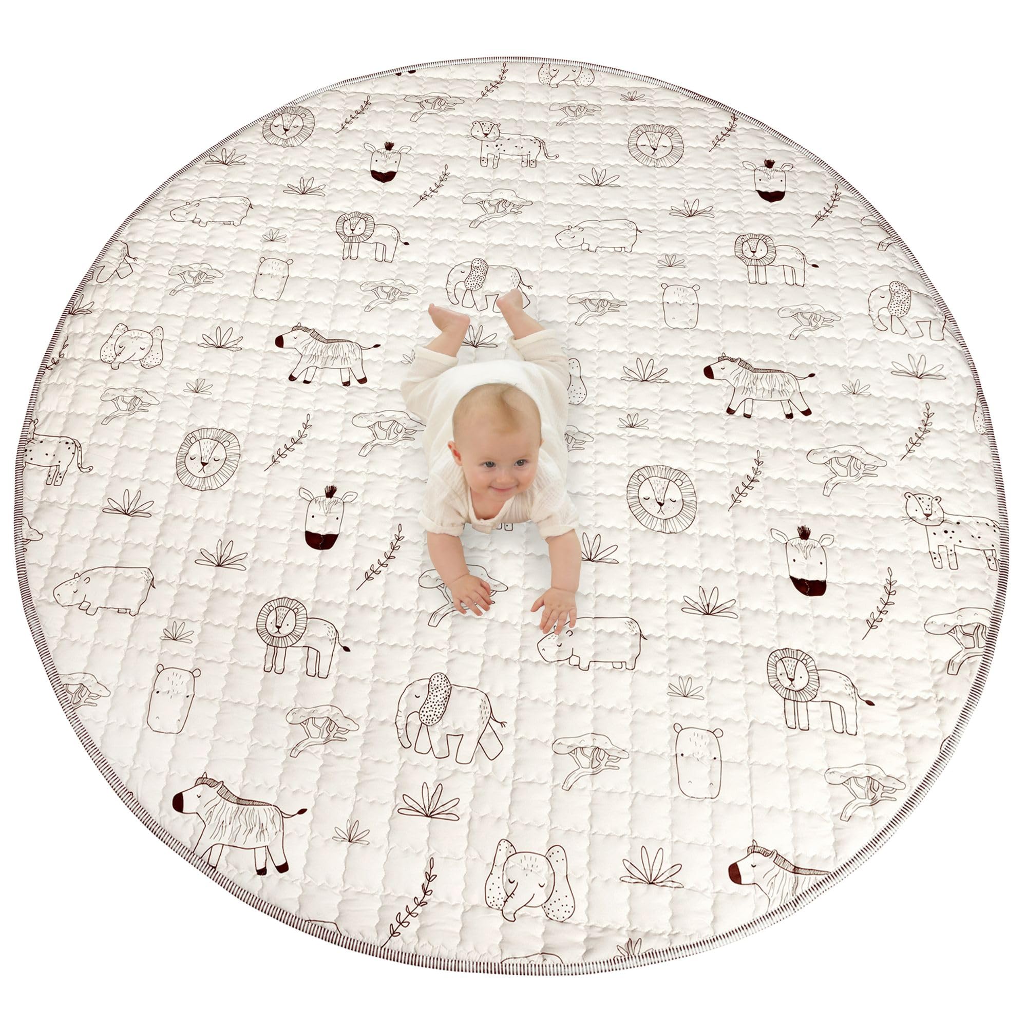 Gesteppte Krabbeldecke Baby 150cm, Safari Tiere– extra dicke 1,5cm weiche Baby Krabbelmatte – Baby Spielmatte mit rutschfester Unterseite zum Krabbeln, Laufgitter – maschinenwaschbare Baby Spieldecke