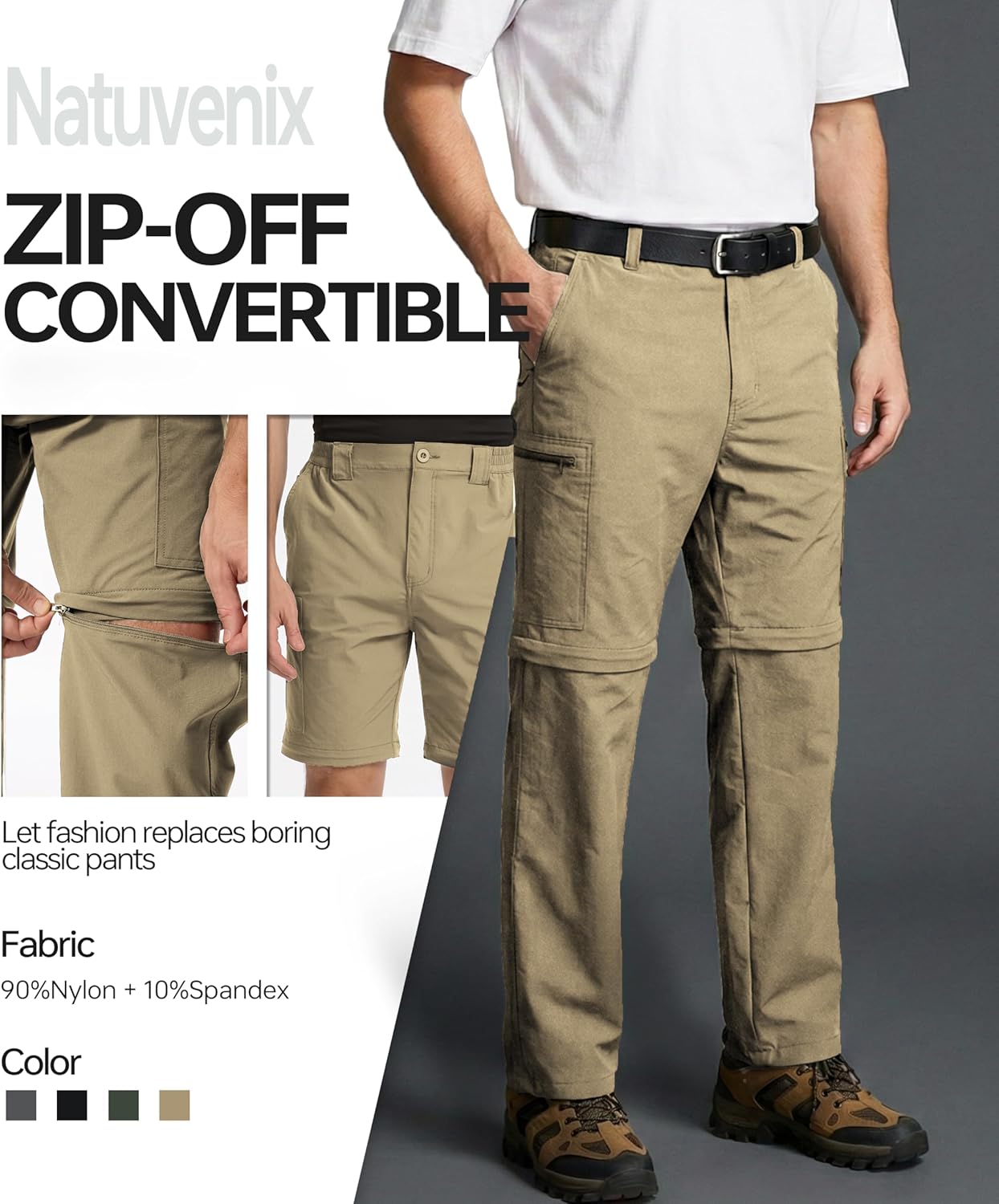 NATUVENIX Men's Hiking Convertible Pants, Zip Off Lightweight Quick Dry Water Resistant Cargo for Travel Fishing