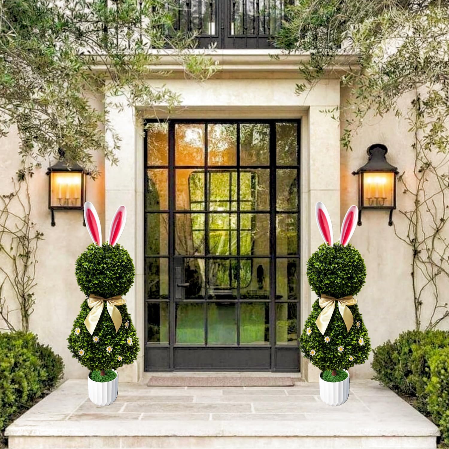 2Pcs Artificial Bunny Topiary Tree with Pot 3FT UV-Resistant Faux Boxwood Bush Rabbit-Shaped Plants with Ears & Bowknot Easter Spring Porch Decor for Entryways Patios Gardens & Home Accents(White)