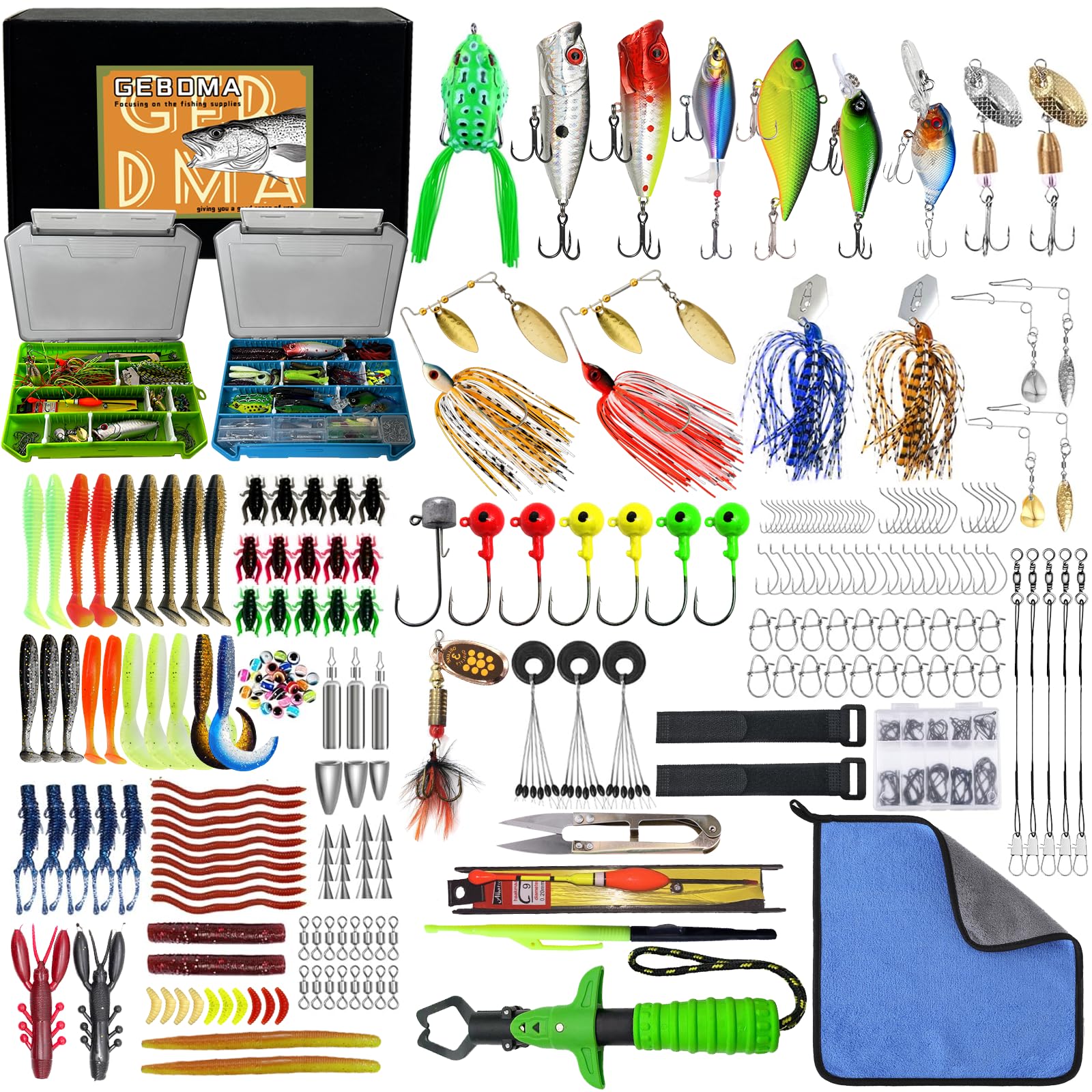 GEBDMA 329 Pcs Bass Fishing Lures Kit Upgrade Fish Tackle Box with Tackle Included Soft Bait/Spoons/Jigs/Frog/Hooks/Weights 2025 Fishing Gear Lure Kit for Fishing Lovers Freshwater or Saltwater