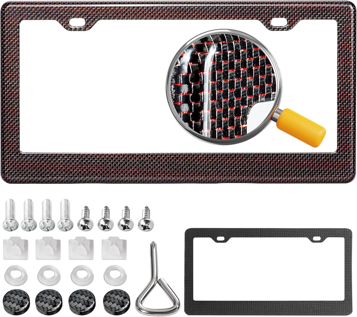 Real Carbon Fiber License Plate Frame, 100% Pure Carbon Fiber Frame, Black License Plate Holder Cover with Screw Caps, Anti-Vibration Pads(Twill 4 Hole-Silver)