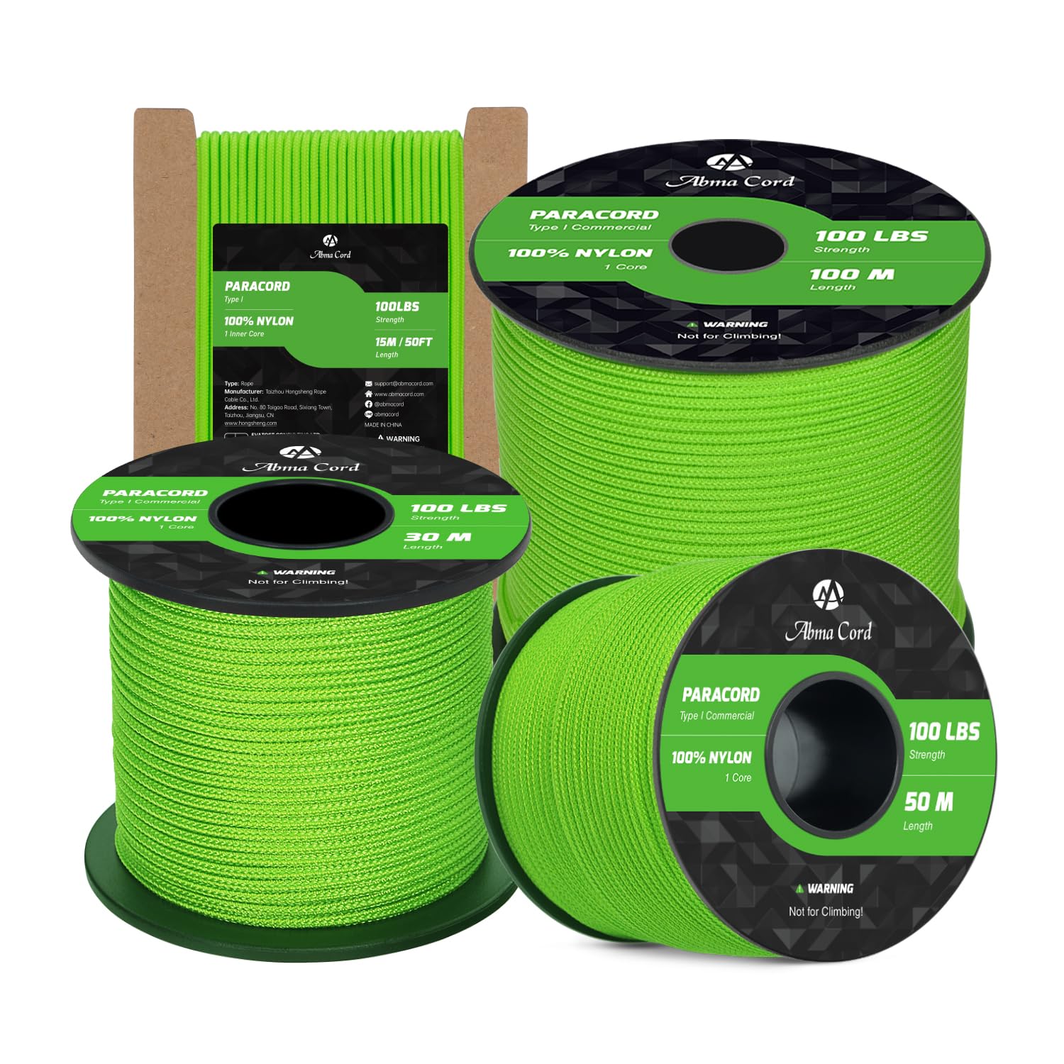 Abma Cord Paracord 2mm 15m 100% Nylon Rope 1 Strand Type I Parachute Cord - Max. 45kg (100lbs) - Neon Green