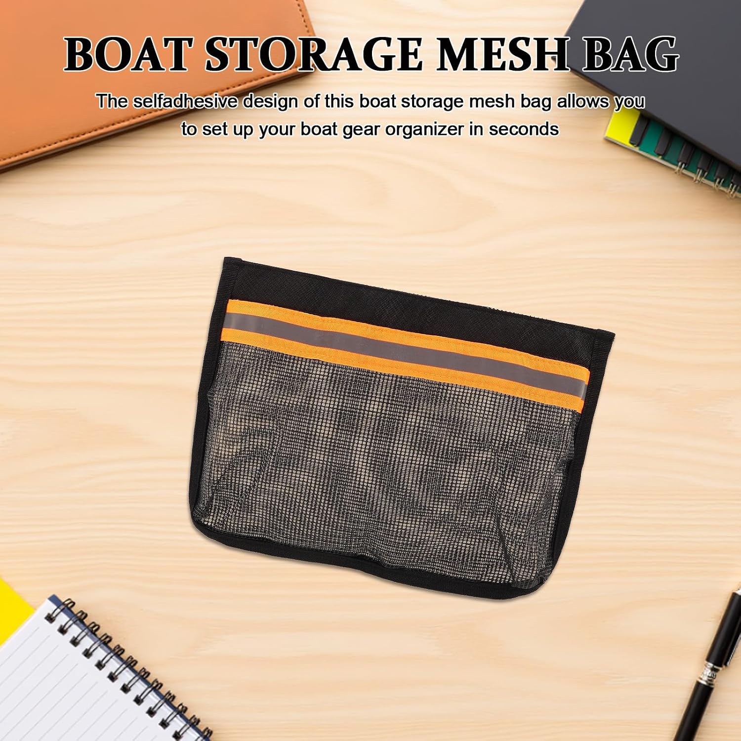 Self-Adhesive Boat Organizer: 9.8x7.1in Reflective Net Bag - Boat Caddy Organizer for Tackle, Tools, Gear & Marine Accessories Storage