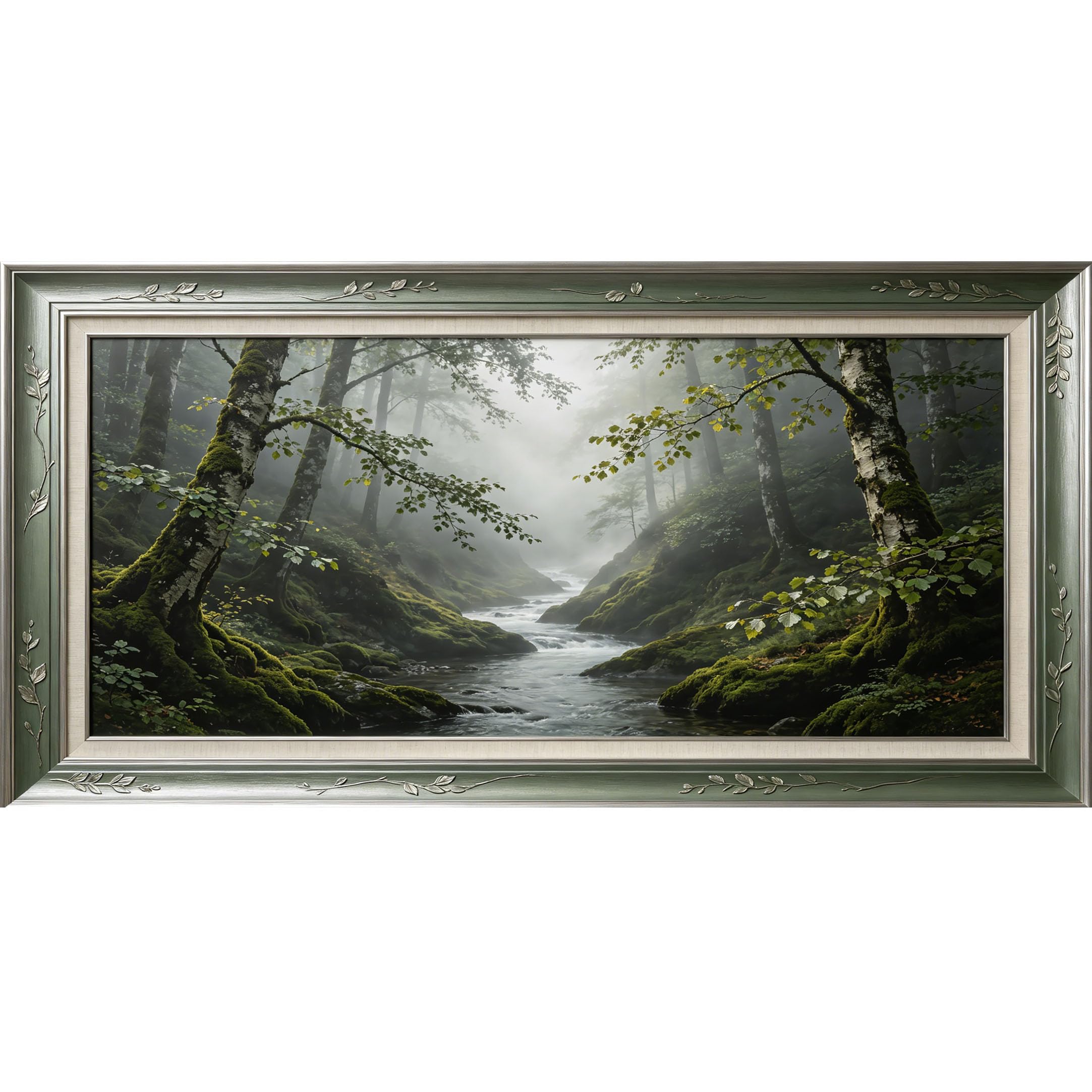 Agglomerix 3D Framed Wall Art Mist Forest River Stream Landscape Nature Trees Rocks Large Size SelfAdhesive Removable Wall Decor Prints Artwork for Living Room Bedroom Office
