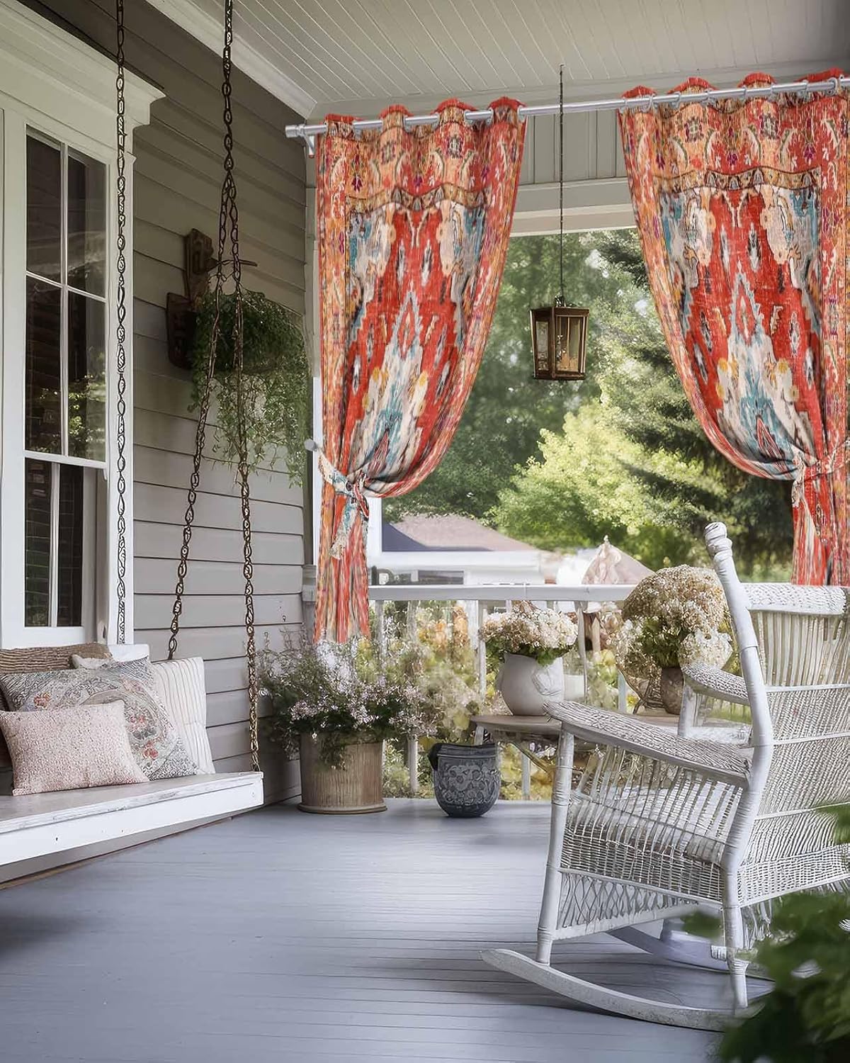 Red Boho Outdoor Curtains for Patio, Waterproof Porch Curtain, Modern Geometric Vintage Abstract Art Aesthetics Grommet Privacy Drapes Curtains for Cabana, Deck, 2 Panel, 54" x 108" x 2