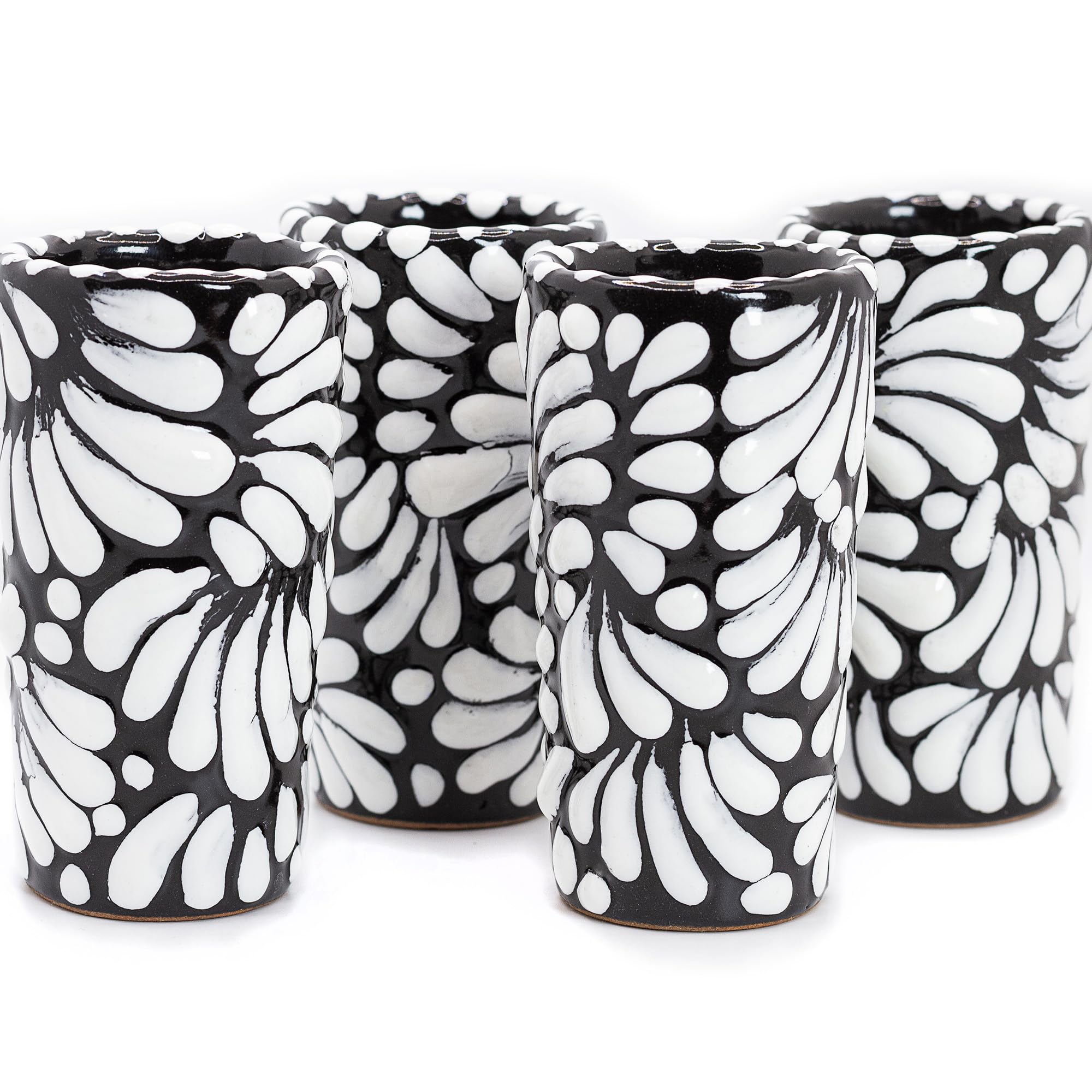 Talavera Shot Glasses Set of 4 Authentic Mexican Tequila Shot Glasses - Hand-painted - 2 Oz (White Brushstroke Black Background)