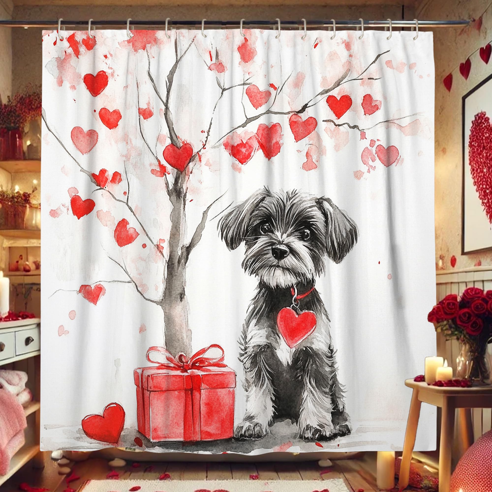 Love Heart Dog Shower Curtain, Watercolor Red Peach White Heart Tree Design for Valentine's Day Bathroom Decor, Modern Cute Waterproof Fabric Shower Curtain Set with Hooks 72x72 Inch