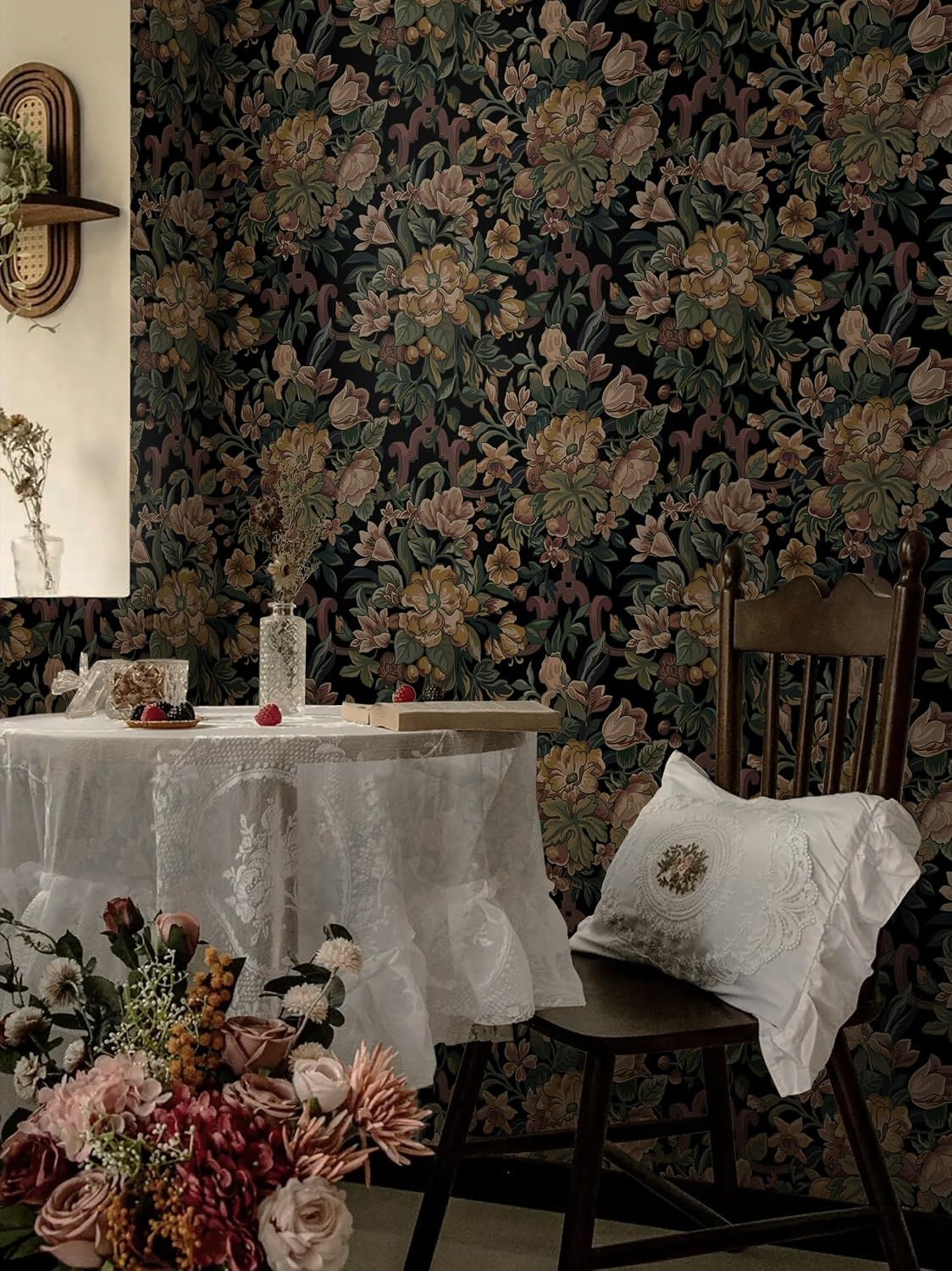 Dimoon Vintage Wallpaper Peel and Stick Archival Dark Green Floral Wallpaper 17.3"x393"Flower Leaf Retro Contact Paper for Bedroom Thicken Waterproof Self Adhesive Wall Paper Removable Vinyl Roll