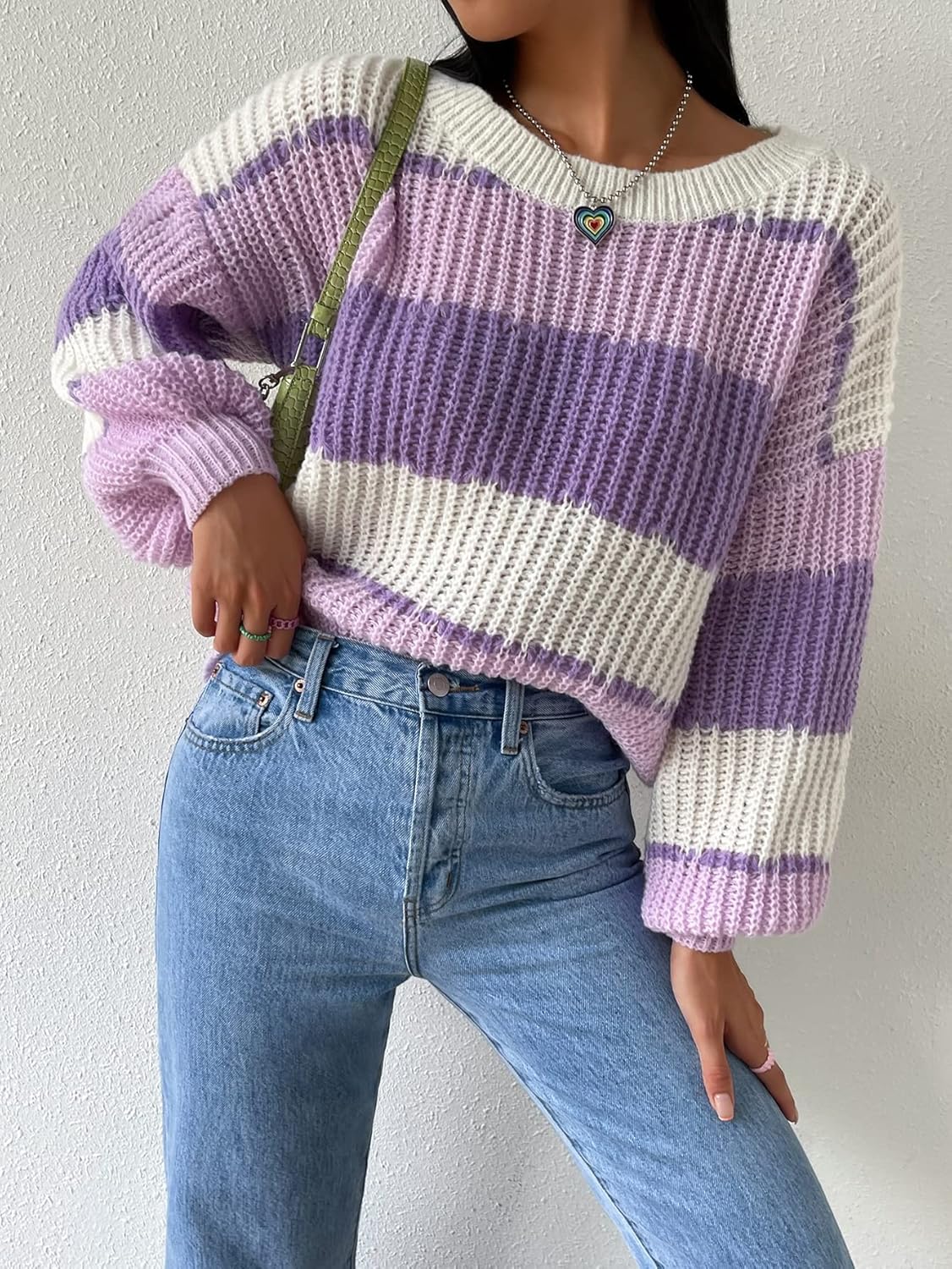 Women's Sweater Colorblock Rib-Knit Drop Shoulder Sweater Sweater for Women (Color : Multicolor, Size : Medium)