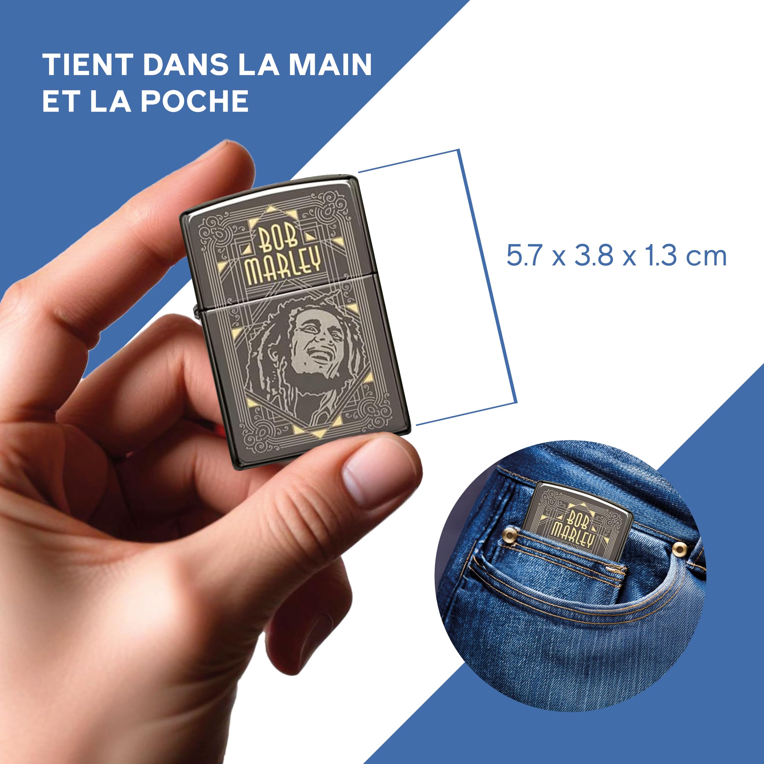 Zippo Briquet Tempête - Design Bob Marley en Deux Tons Laser avec Finition Black Ice - Rechargeable - Réutilisable - Design Coupe-Vent - Coffret Cadeau - Fabriqué aux États-Unis