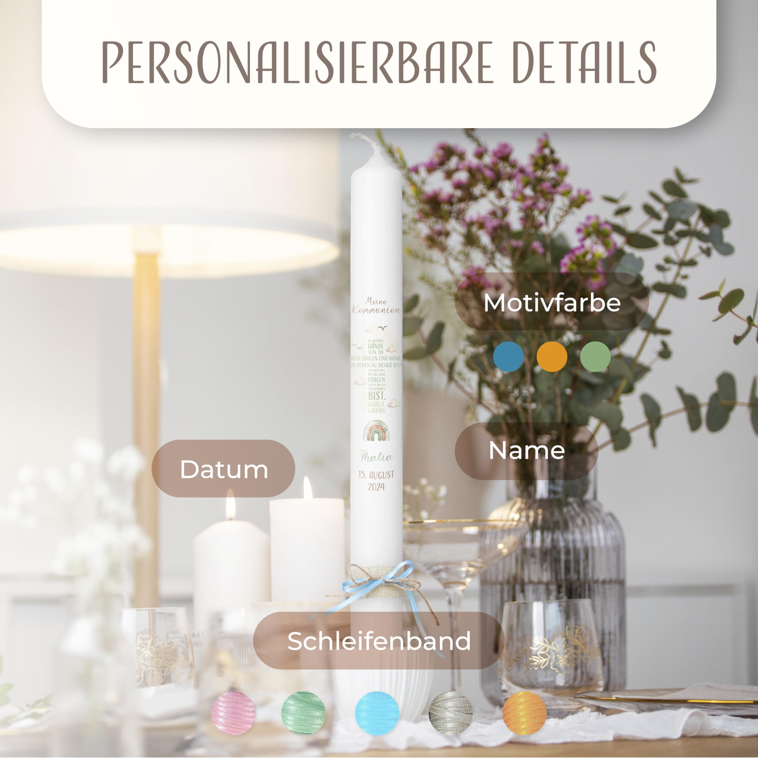 AMARI ® Kommunionkerze personalisiert Kreuz Schrift H:40cm/⌀:4cm - Personalisierte Kommunionkerze für Jungen & Mädchen – Kerze zur Kommunion selbst gestalten
