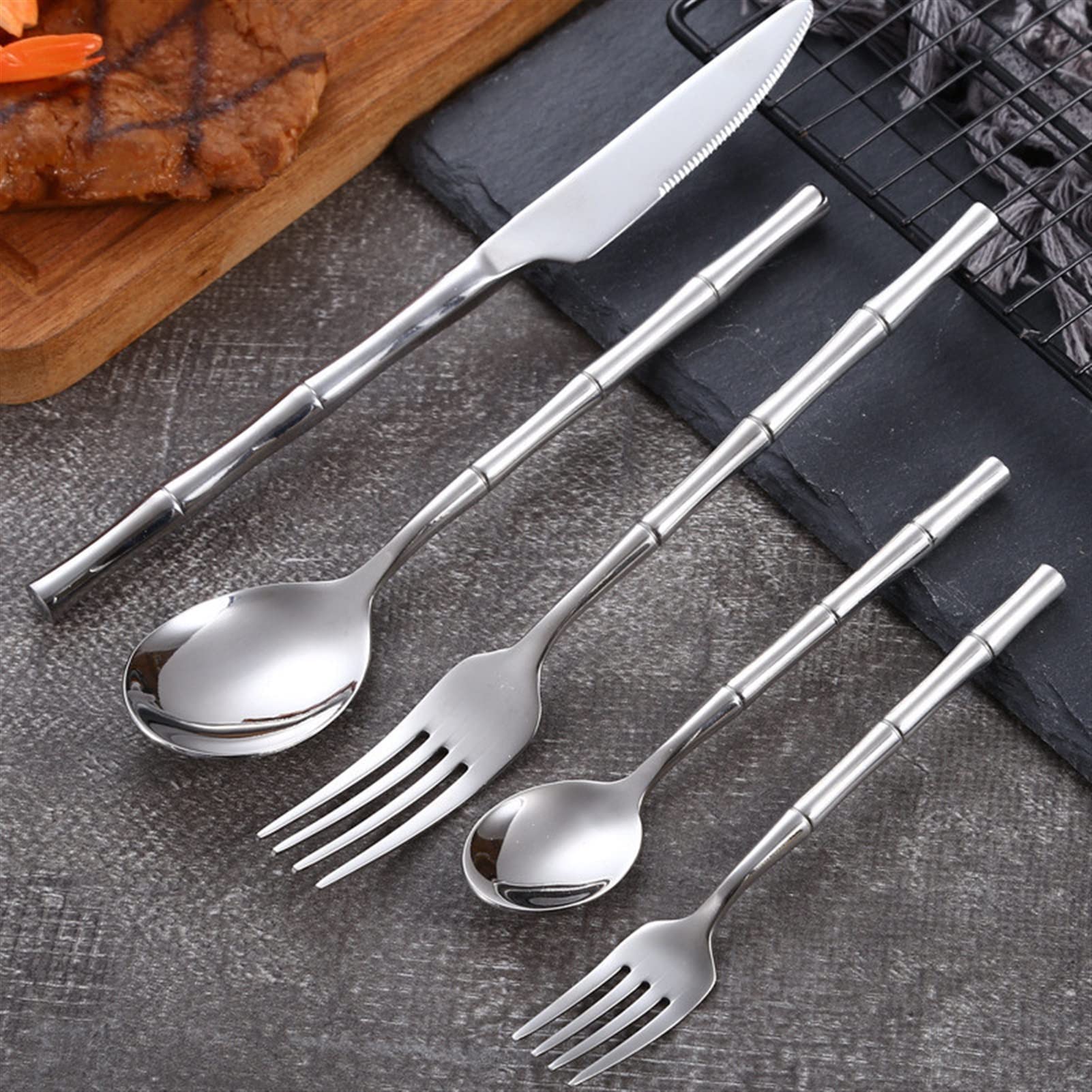 Juegos de cubiertos 20 piezas de cubiertos con forma de bambú dorado, juego de mesa, vajilla para cena, vajilla para comedor, cuchara, cuchillo, tenedor de postre, decoración para lavavajillas.