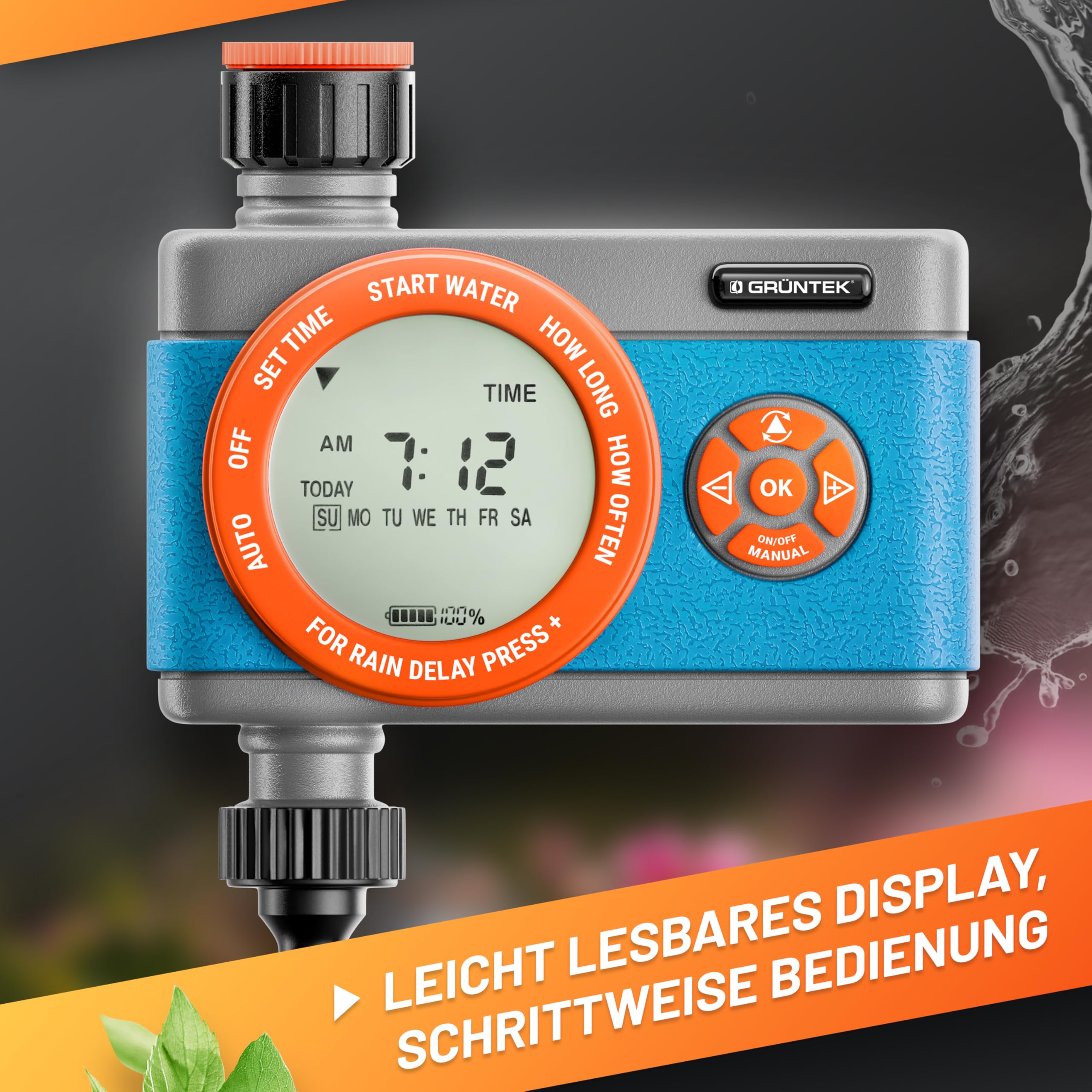 GRÜNTEK Digitale Bewässerungssteuerung mit Digitalanzeige, Flexibler Bewässerungscomputer mit Wahl der Wochentage und Bewässerungstimer von 1 Min. bis 360 Min.