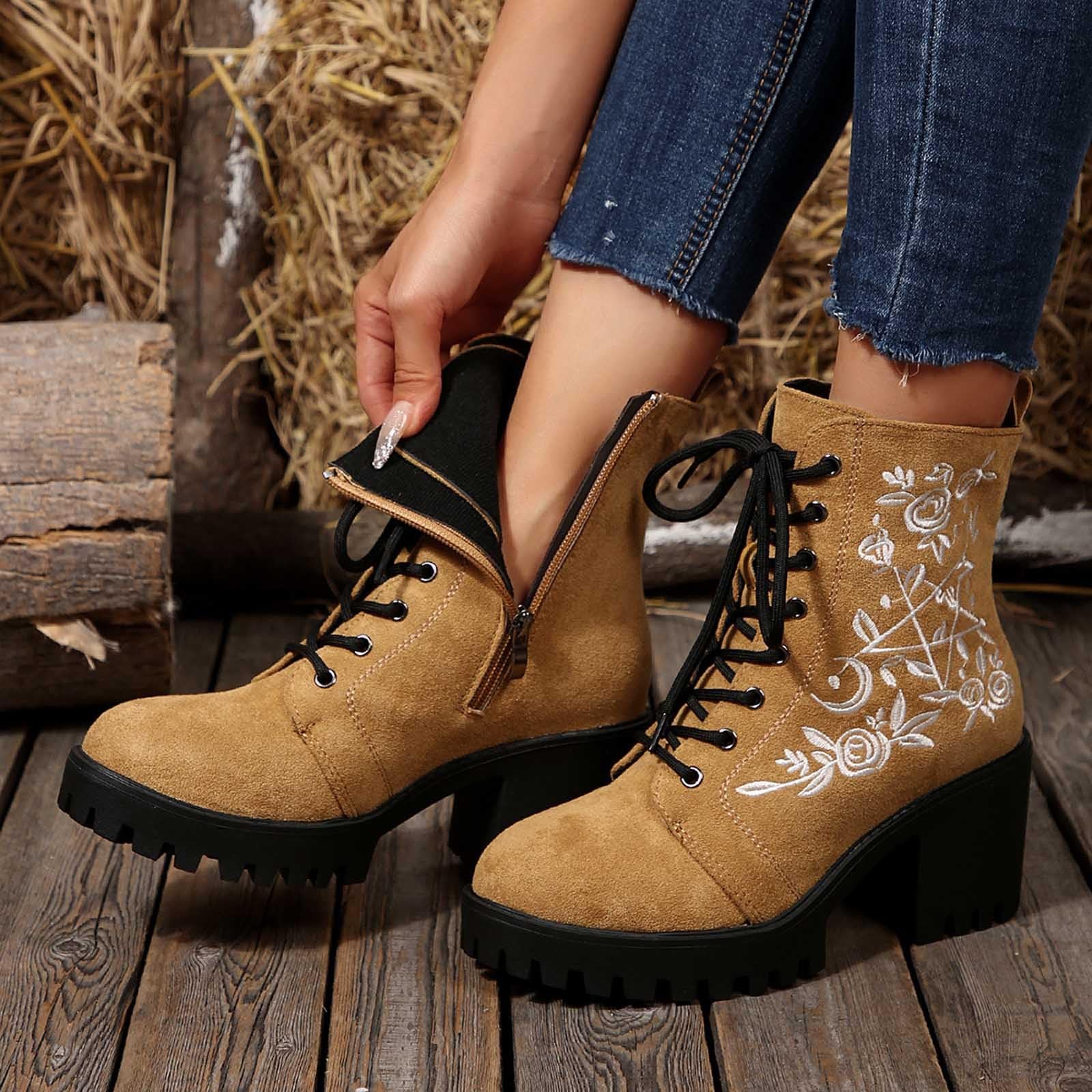 Generisch Botines de mujer con cordones con estampado floral bordado tacón grueso Zapatos cortos para comodidad diaria de moda