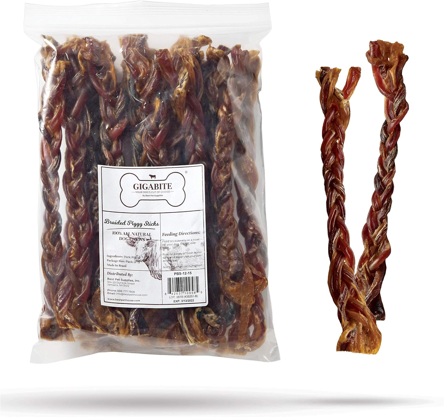 GigaBite 12" Piggy Braided Sticks by Best Pet Supplies - Pack of 15