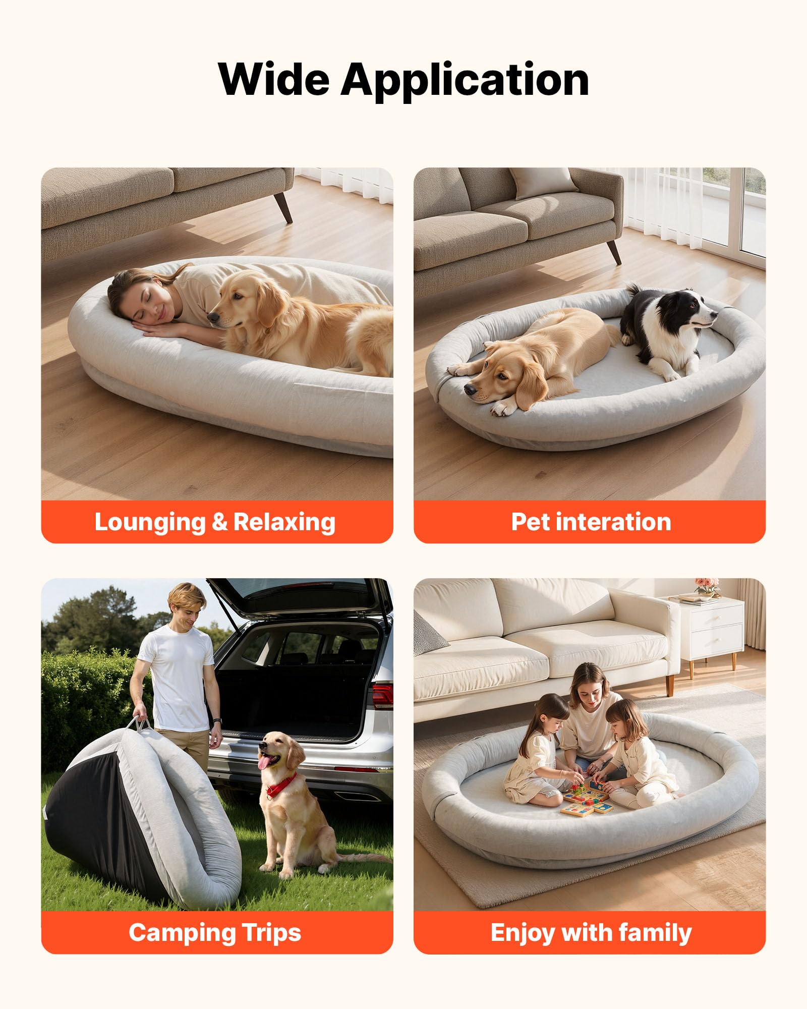VEVOR Cama para Perros, 178 x 120 x 24 cm, Peluche Corto, de Espuma Viscoelástica, Tamaño Humano, con Bolsillo Lateral, Asa y Cremallera, Funda Extraíble y Lavable a Máquina, Gris, Diseño Ovalado