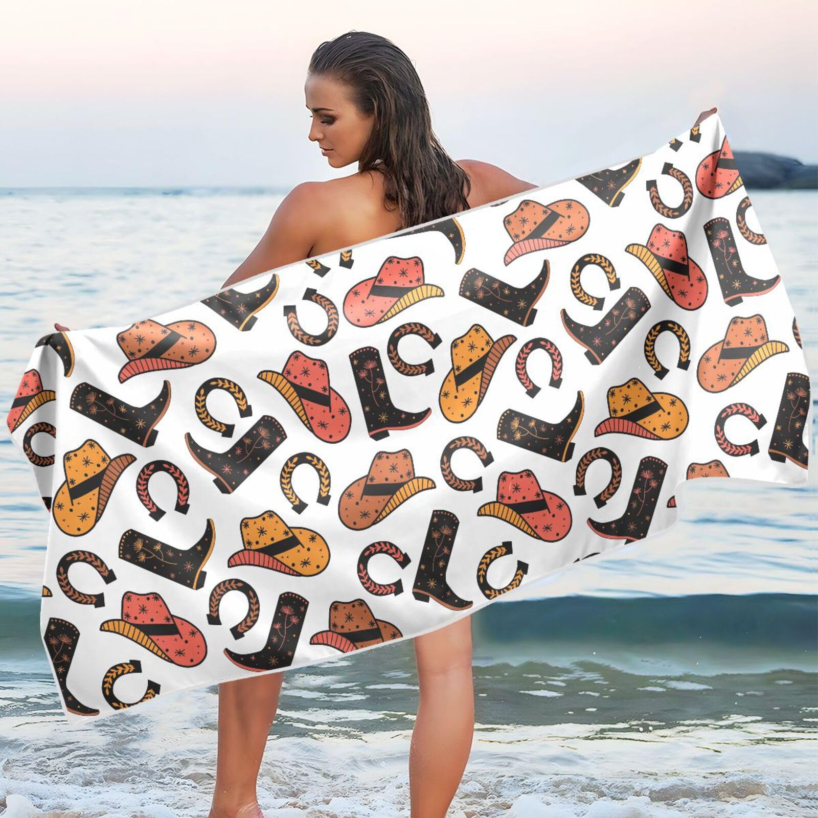 Western Cowboy Beach Towel – Funny Orange Rodeo Print, Microfiber, 32x52 Inches