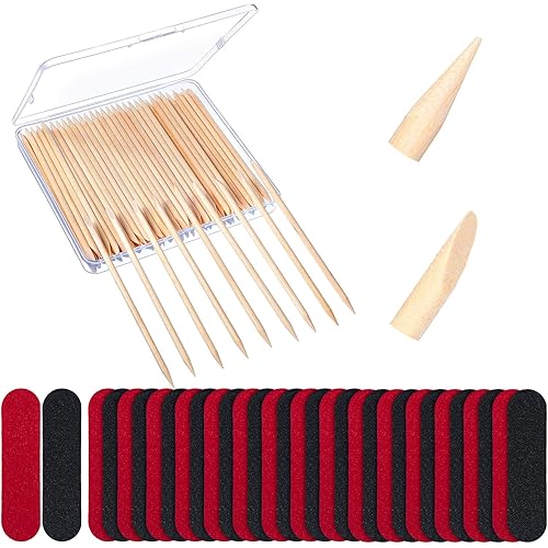 200 Pieces Nail Art Pedicure Tools, Include 100 Pieces Wooden Cuticle Sticks and 100 Pieces Mini Nail Files Disposable for Women, Plastic Case Package (5 cm, Black, Red)