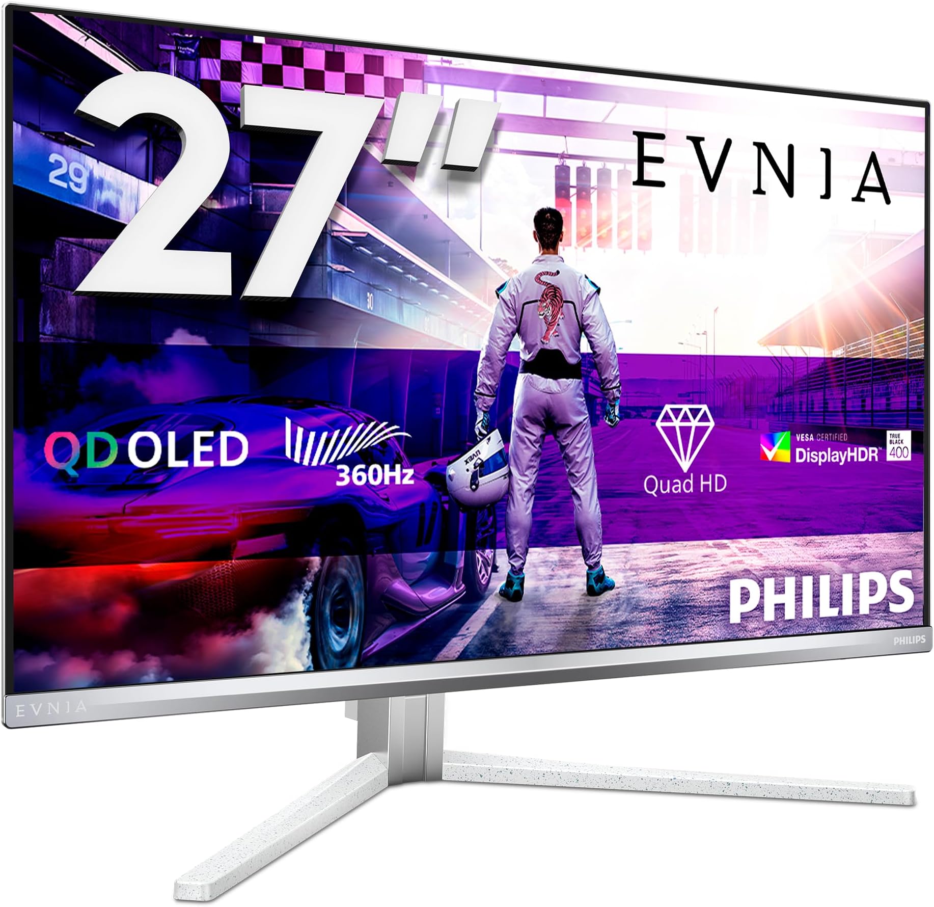 Philips Evnia 27M2N8500-27 Inch OLED QHD gaming monitor, 360 Hz, 0.03 ms, HDR400, Ambiglow, FreeSync. Prem., G-Sync comp. (2560x1440, 2X HDMI 2.1, 1x DP 1.4, USB Hub) White