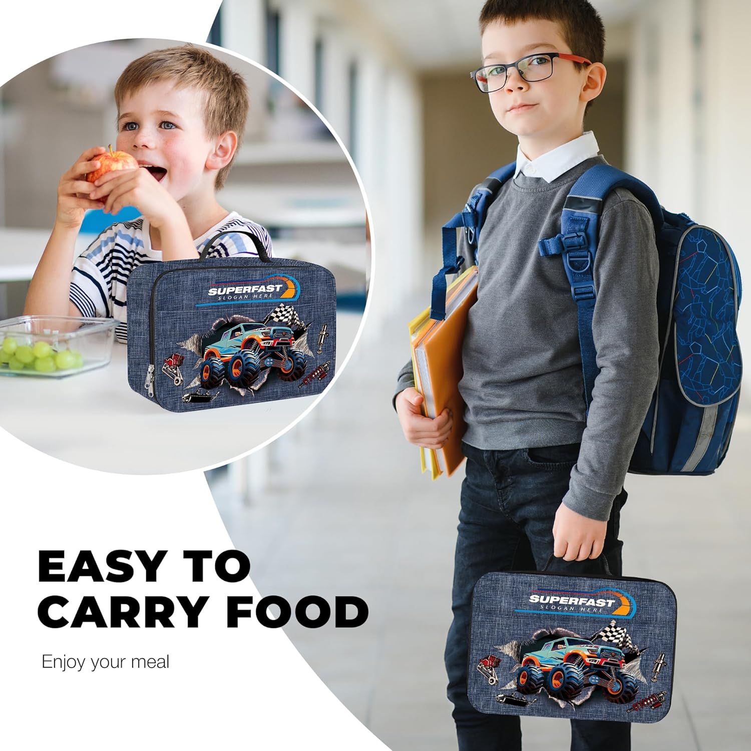 Clastyle 3D Insulated Kids Lunch Bag Large Thermal Cooler Bag for Boy Picnic School Lunch Box Tote,Monster Truck - Image 2