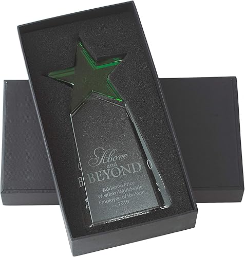 Miniatura 4 de Trofeo grabado  Cristal  Torre con estrella en la parte superior  Premio para empleados  Grabado personalizado de hasta cuatro líneas y selección de