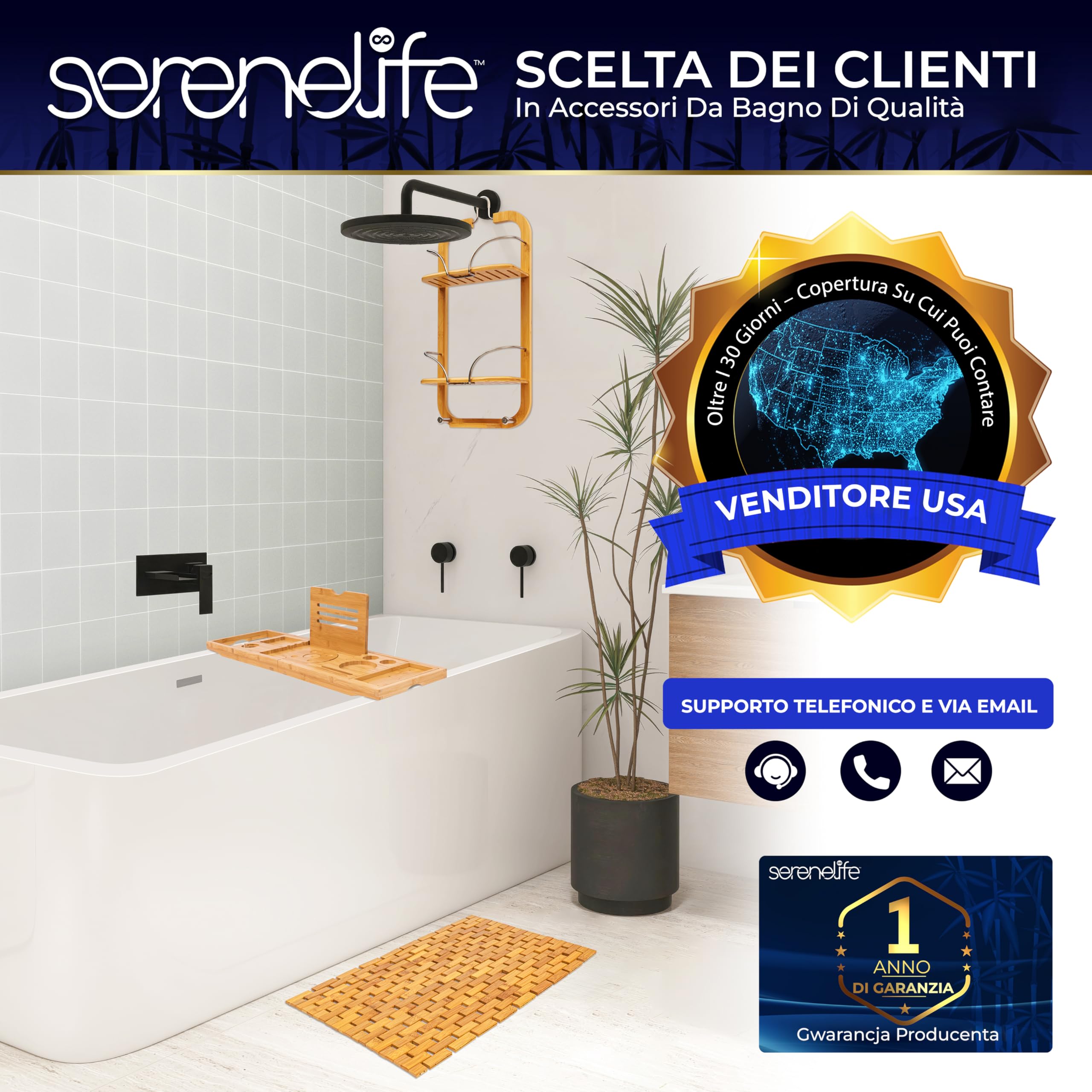 SereneLife Portaoggetti Doccia in Bambù a 3 Ripiani, Design Antiscivolo, Organizer Bagno, Portaoggetti Bagno Salvaspazio, Mensola Doccia per Shampoo, Bagnoschiuma, Sapone e Accessori