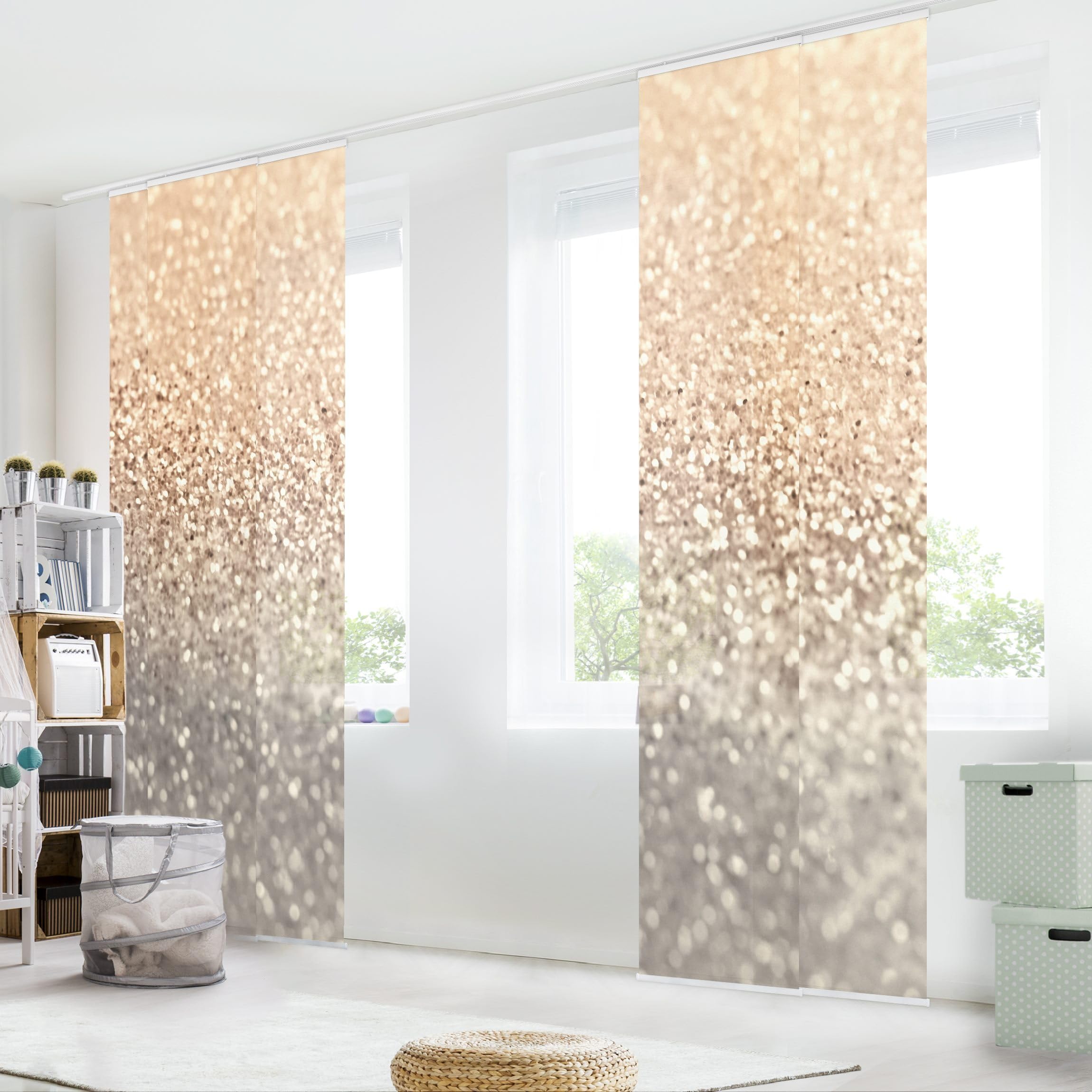 Schiebegardine halbtransparent 60er Paneel Klett Muster Textil lichtdurchlässig - Motiv Modern Flächenvorhang Gold Wohnzimmer Schlafzimmer 2350 (300x250 cm - 5er Set)
