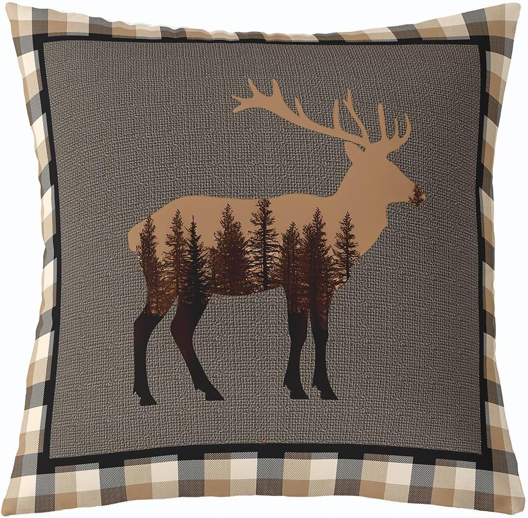 Feelyou Set of 2 Rustic Bear Throw Pillow Covers,Cabin Deer Hunting Cushion Case for Home Living Room Decor, Reversible Farmhouse Animals Plaid Grid Brown Decorative Throw Cushion Case, 22x22 Inches